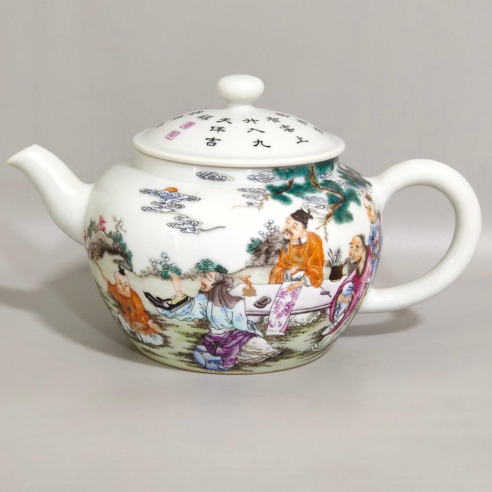 An Exquisite Famille-Rose Character and Story Pattern Teapot,With Poem: An Exquisite Famille-Rose Character and Story Pattern Teapot,With Poem,Qing Dynasty,China,Qianlong Six-character Mark,Size:4.1inx6.7in