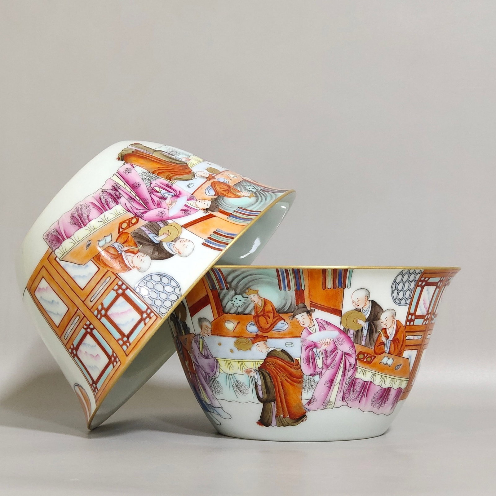A Pair of Exquisite Famille-Rose Painted Gold Character and Story Pattern Bowls,With Poem: A Pair of Exquisite Famille-Rose Painted Gold Character and Story Pattern Bowls,With Poem,Qing Dynasty,China,Jiaqing Six-character Mark,Size:2.4inx4.6in