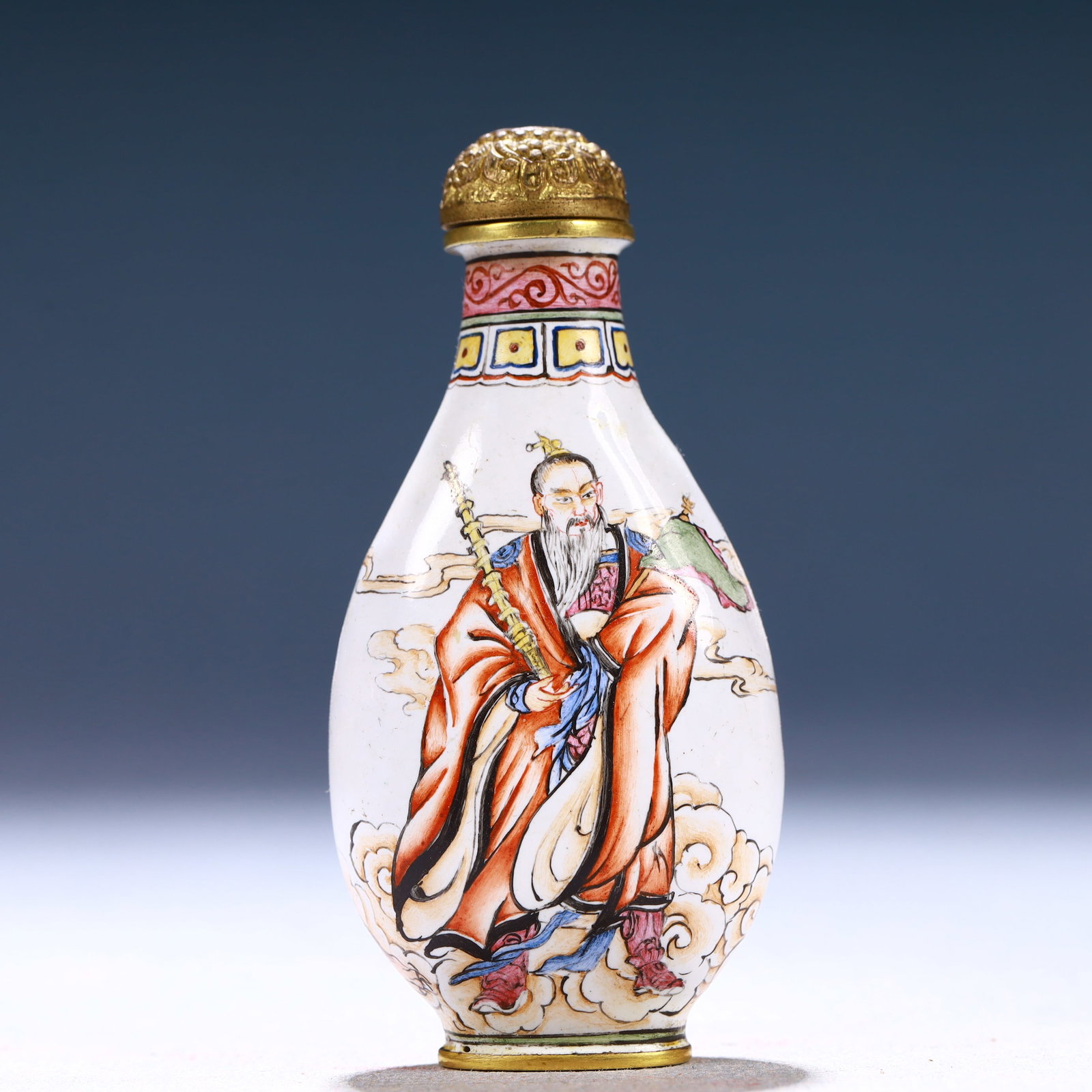 An Exquisite Painted Enamel Auspicious Cloud and Figure Pattern Snuff Bottle: An Exquisite Painted Enamel Auspicious Cloud and Figure Pattern Snuff Bottle,Qing Dynasty, China,Qianlong Four-character Mark,Size:1.4inx0.6inx3in,Weight:36g