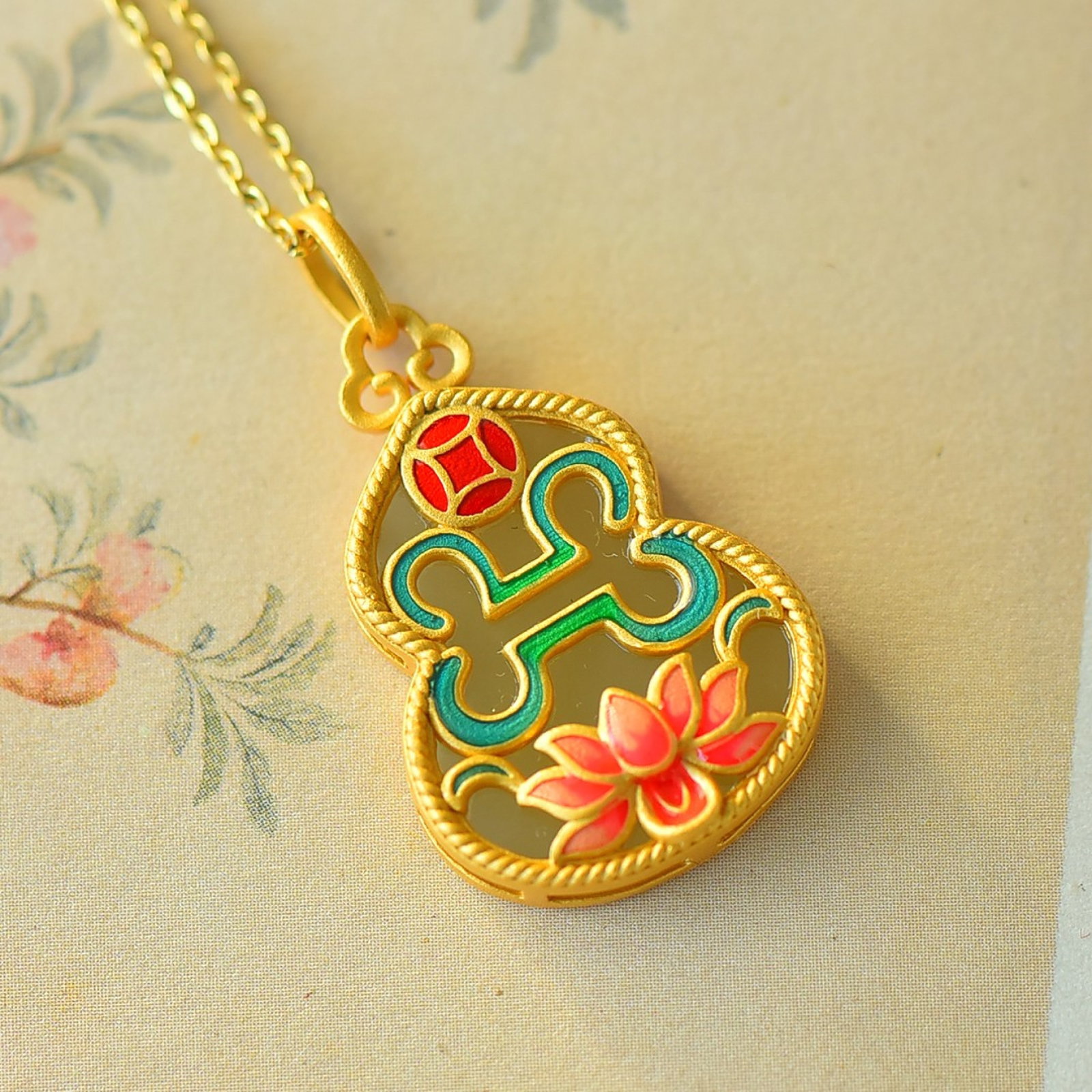 An Exquisite Sterling Silver-Gold Plated Inlaid White Jade Enamel Gourd Pendant: An Exquisite Sterling Silver-Gold Plated Inlaid White Jade Enamel Gourd Pendant 纯银镀金镶白玉珐琅葫芦吊坠