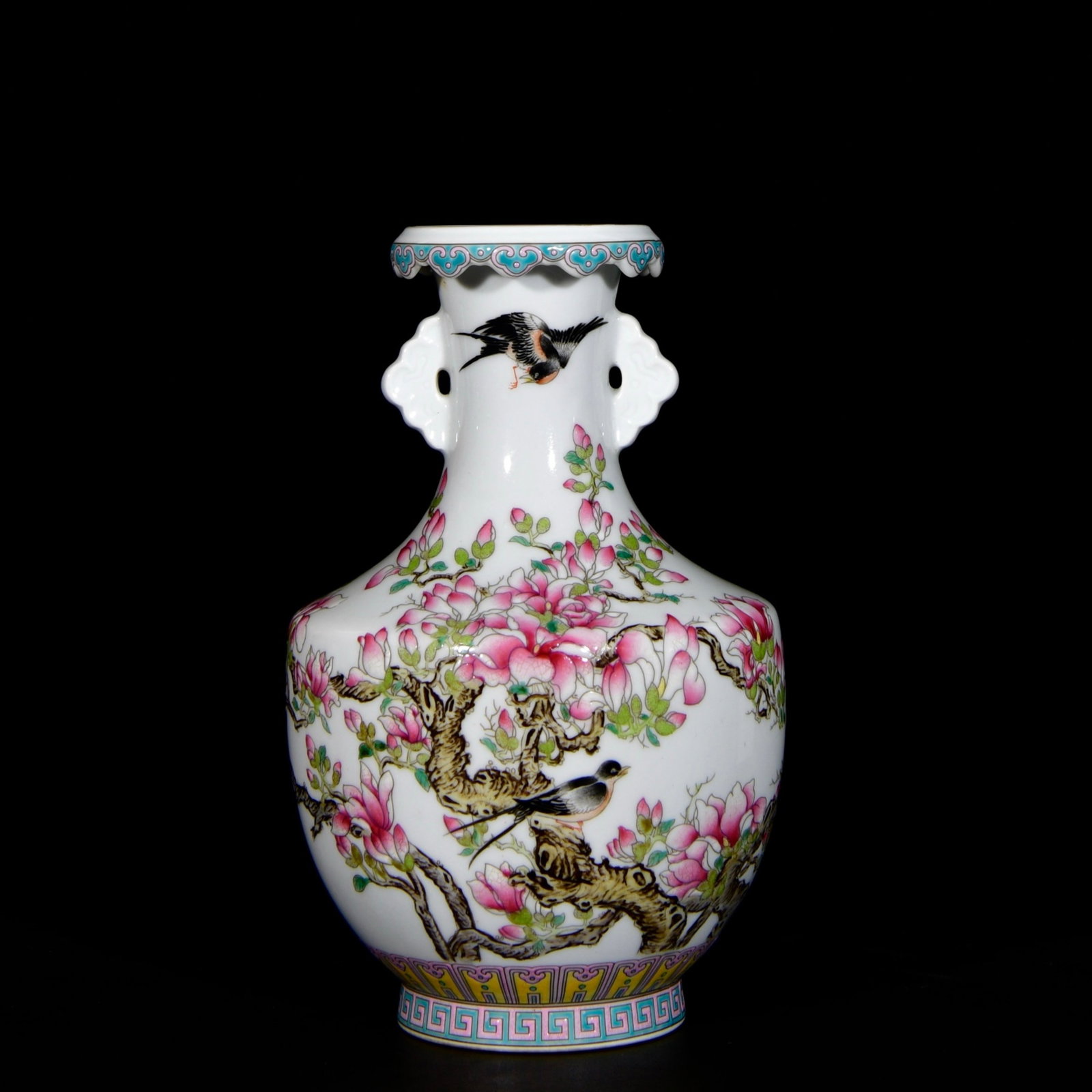 An Exquisite Enamel Flower and Bird Pattern Double-Ears Vase: An Exquisite Enamel Flower and Bird Pattern Double-Ears Vase,Qing Dynasty,China,Yongzheng Four-character Mark,Size:8.7inx5.5in