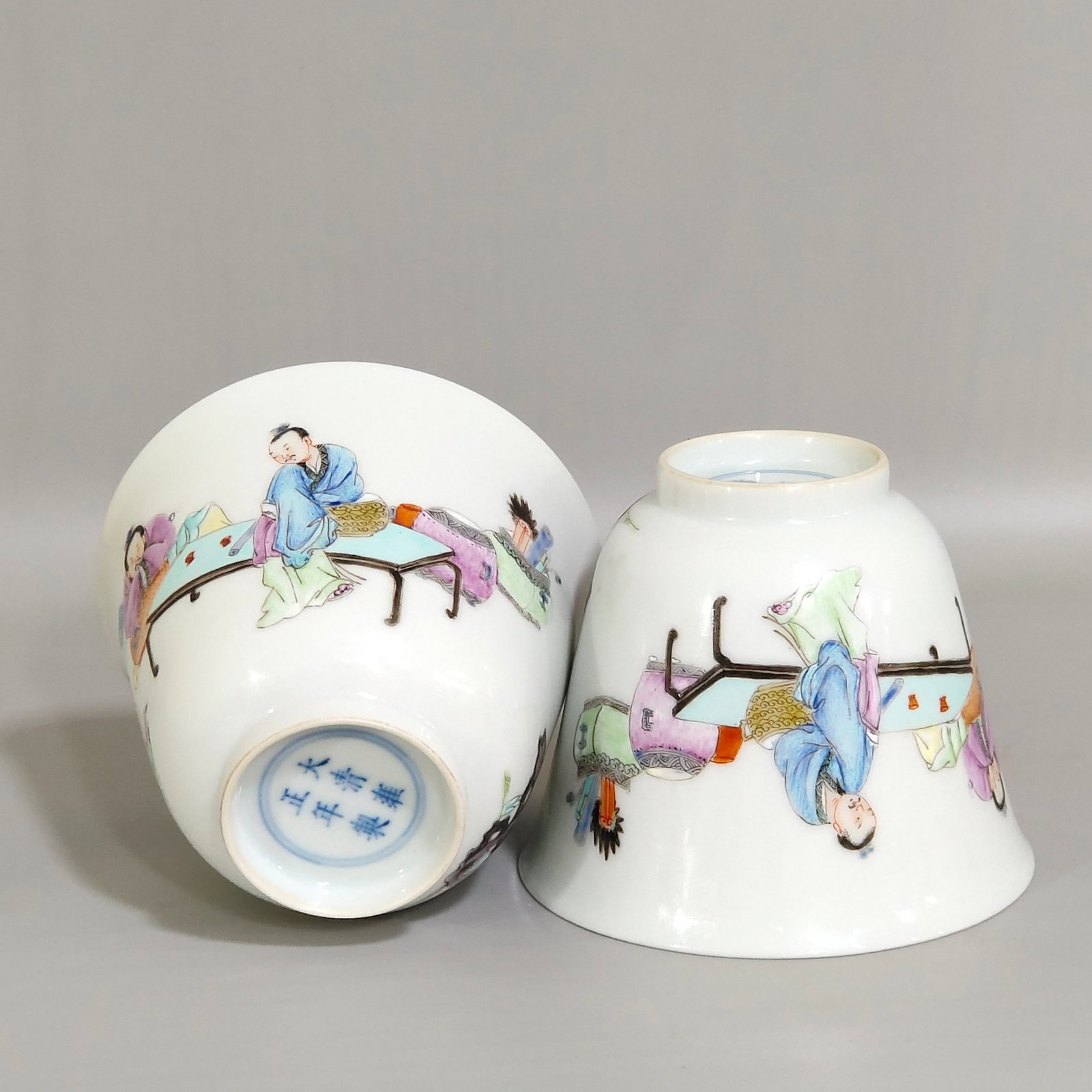 A Pair of Exquisite Famille-Rose Figure Pattern Cups: A Pair of Exquisite Famille-Rose Figure Pattern Cups,Qing Dynasty,China,Yongzheng Six-character Mark,Size:2.4inx3.3in