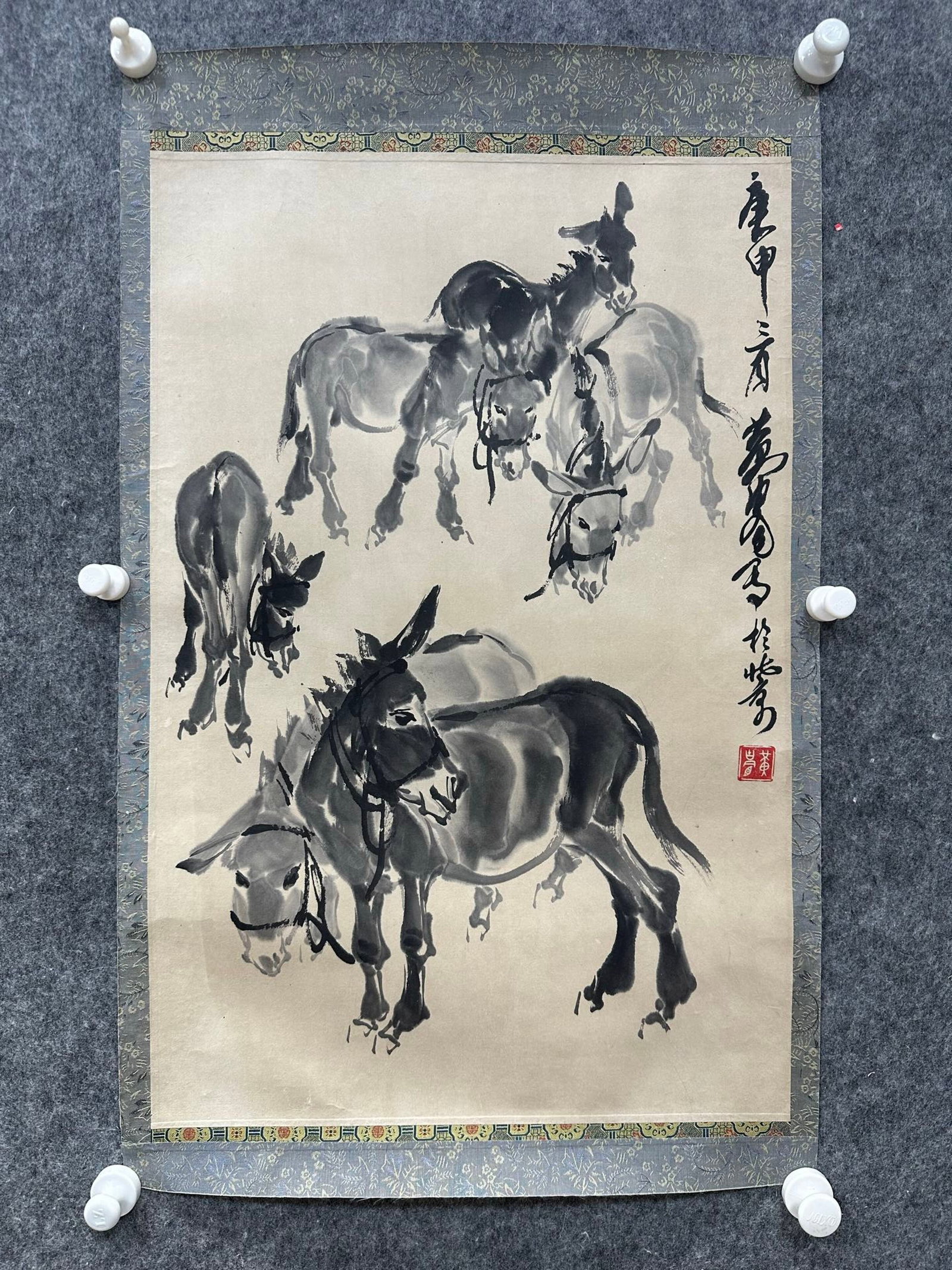 A Chinese Ink Painting of Donkey on Paper,Huang Zhou: A Chinese Ink Painting of Donkey on Paper,Huang Zhou,Size:(Without frame)17.9inx26.8in 一幅中国水墨毛驴图,黄胄