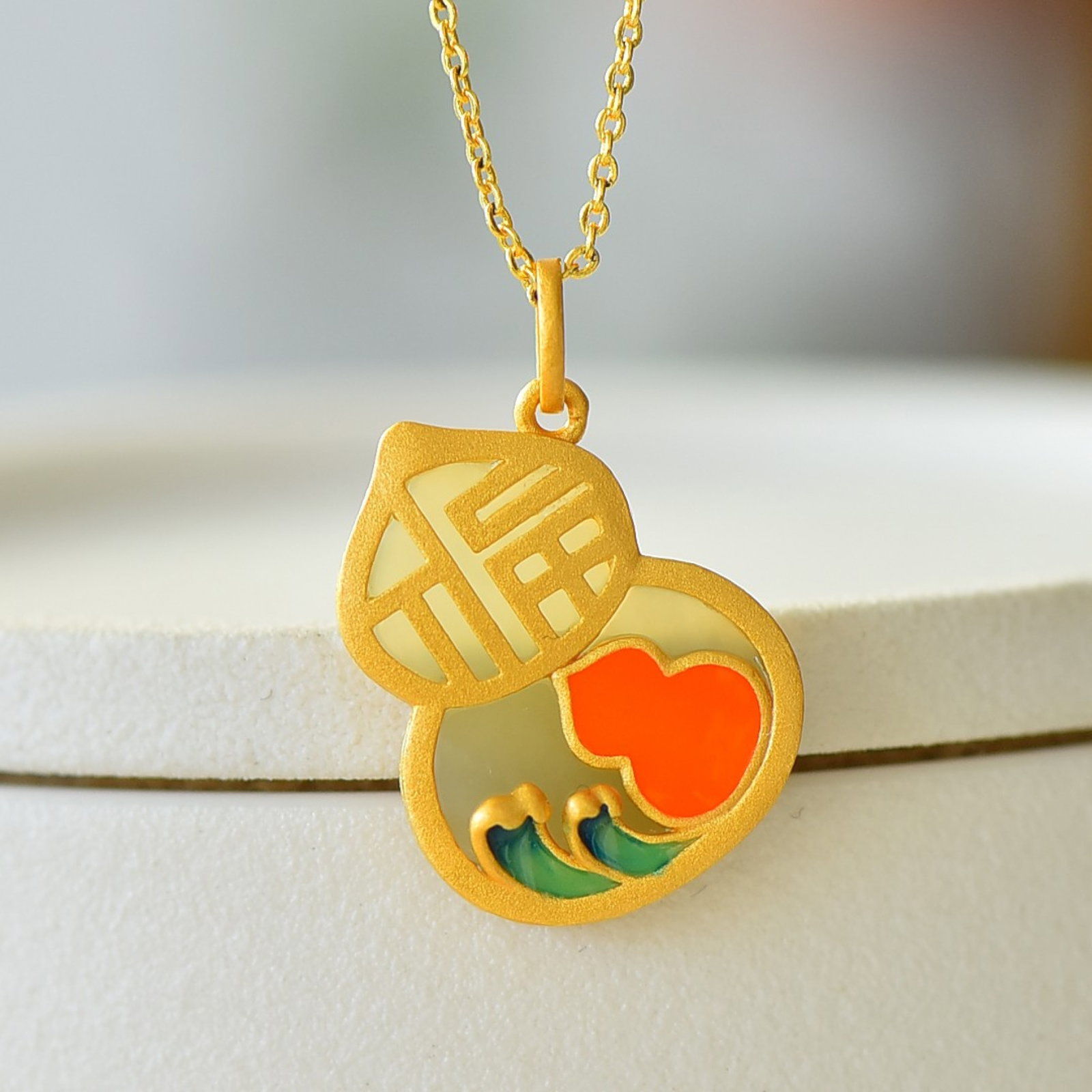 An Exquisite Sterling Silver-Gold Plated Inlaid White Jade Enamel Gourd Pendant: An Exquisite Sterling Silver-Gold Plated Inlaid White Jade Enamel Gourd Pendant 纯银镀金镶白玉珐琅葫芦吊坠
