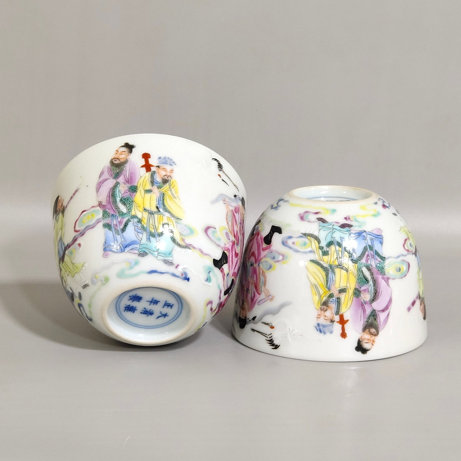 A Pair of Exquisite Famille-Rose Figure Pattern Cups: A Pair of Exquisite Famille-Rose Figure Pattern Cups,Qing Dynasty,China,Yongzheng Six-character Mark,Size:2.2inx3in 一对粉彩人物纹杯,中国