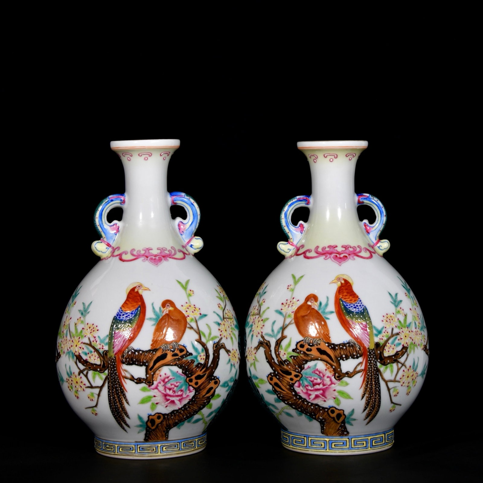A Pair of Exquisite Enamel Flower and Bird Pattern Double-Ears Vases,With Poem: A Pair of Exquisite Enamel Flower and Bird Pattern Double-Ears Vases,With Poem,Qing Dynasty,China,Qianlong Four-character Mark,Size:11.6inx7.5in