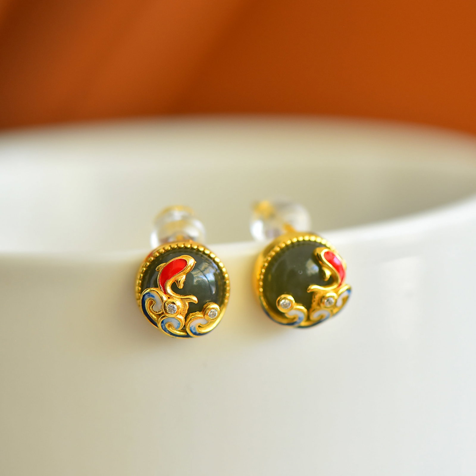 A Pair of Exquisite Sterling Silver-Gold Plated Inlaid Greenish Jade Enamel Earring,Inlaid Diamonds: A Pair of Exquisite Sterling Silver-Gold Plated Inlaid Greenish Jade Enamel Earring,Inlaid Diamonds,Size:8mmx8mm