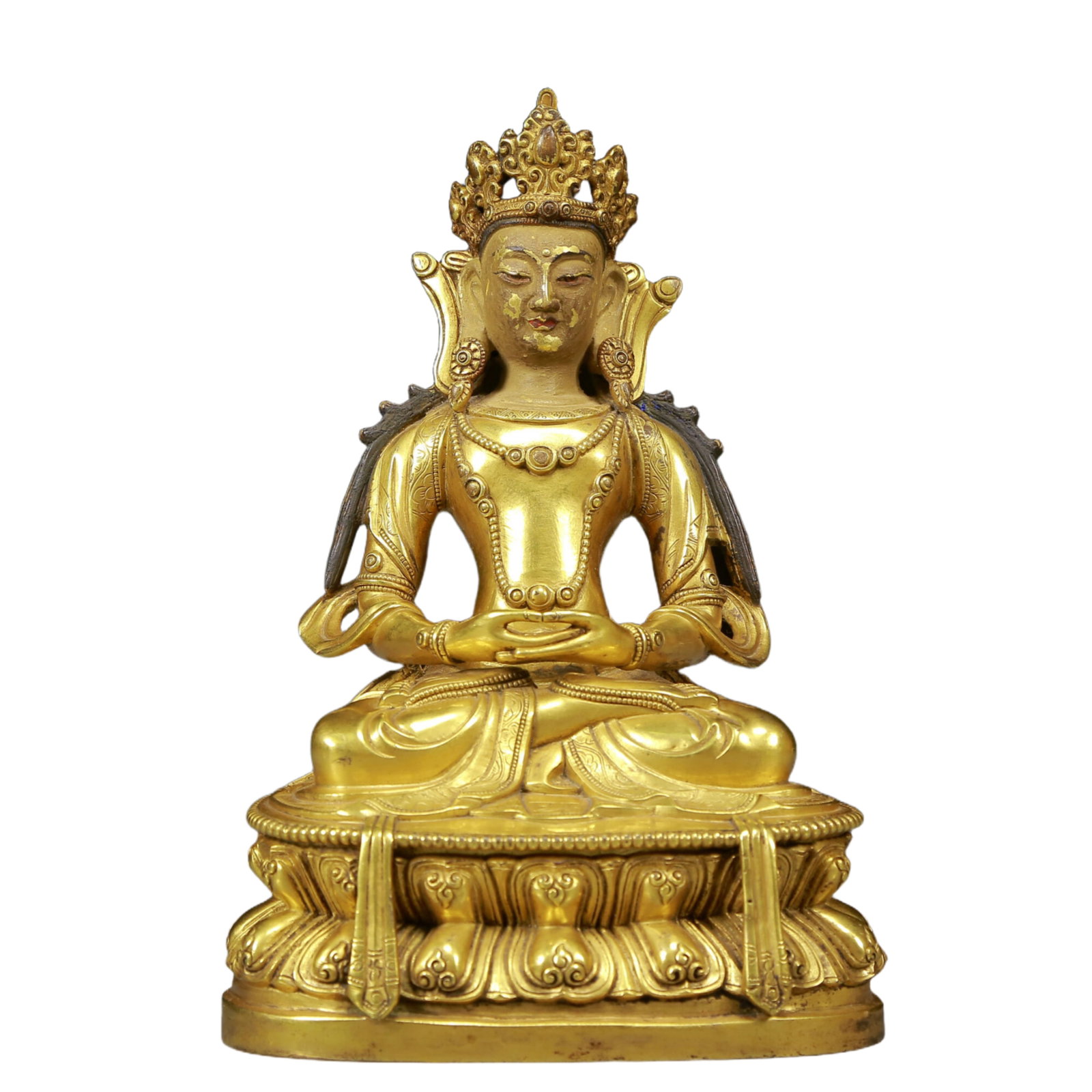 A Solemn Gilt Bronze Statue of Amitayus: A Solemn Gilt Bronze Statue of Amitayus,Ming Dynasty, China,Size:4.7inx3.9inx7.5in,Weight:1610g 铜鎏金无量寿佛像，明代