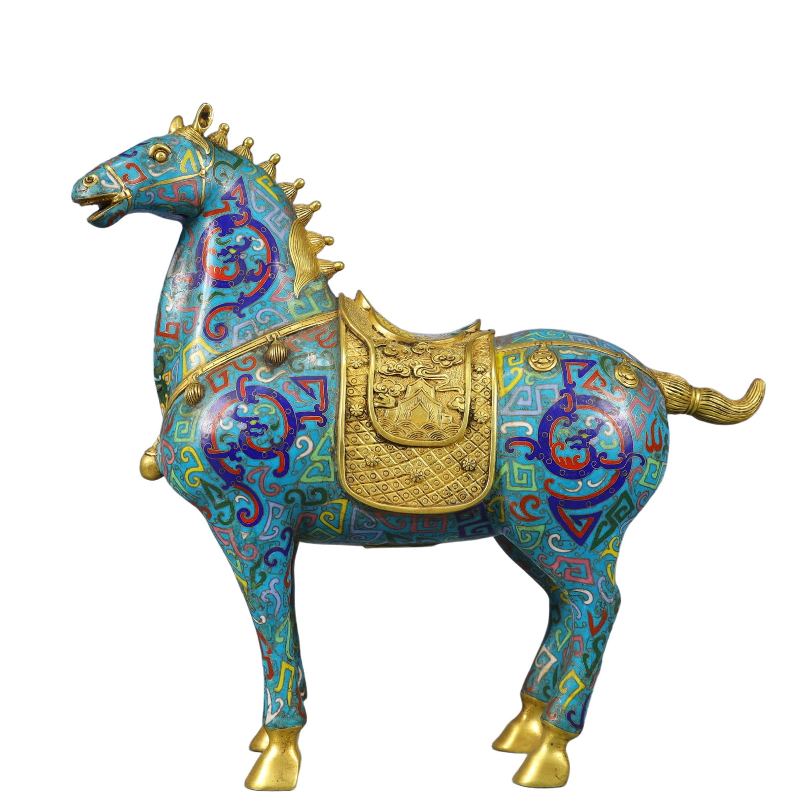 A Rare Cloisonne Auspicious Cloud and Beast-Face Pattern Horse Ornament: A Rare Cloisonne Auspicious Cloud and Beast-Face Pattern Horse Ornament,Qing Dynasty, China,Qianlong Four-character Mark,Size:13inx4.3inx12.6in,Weight:4550g 景泰蓝祥云