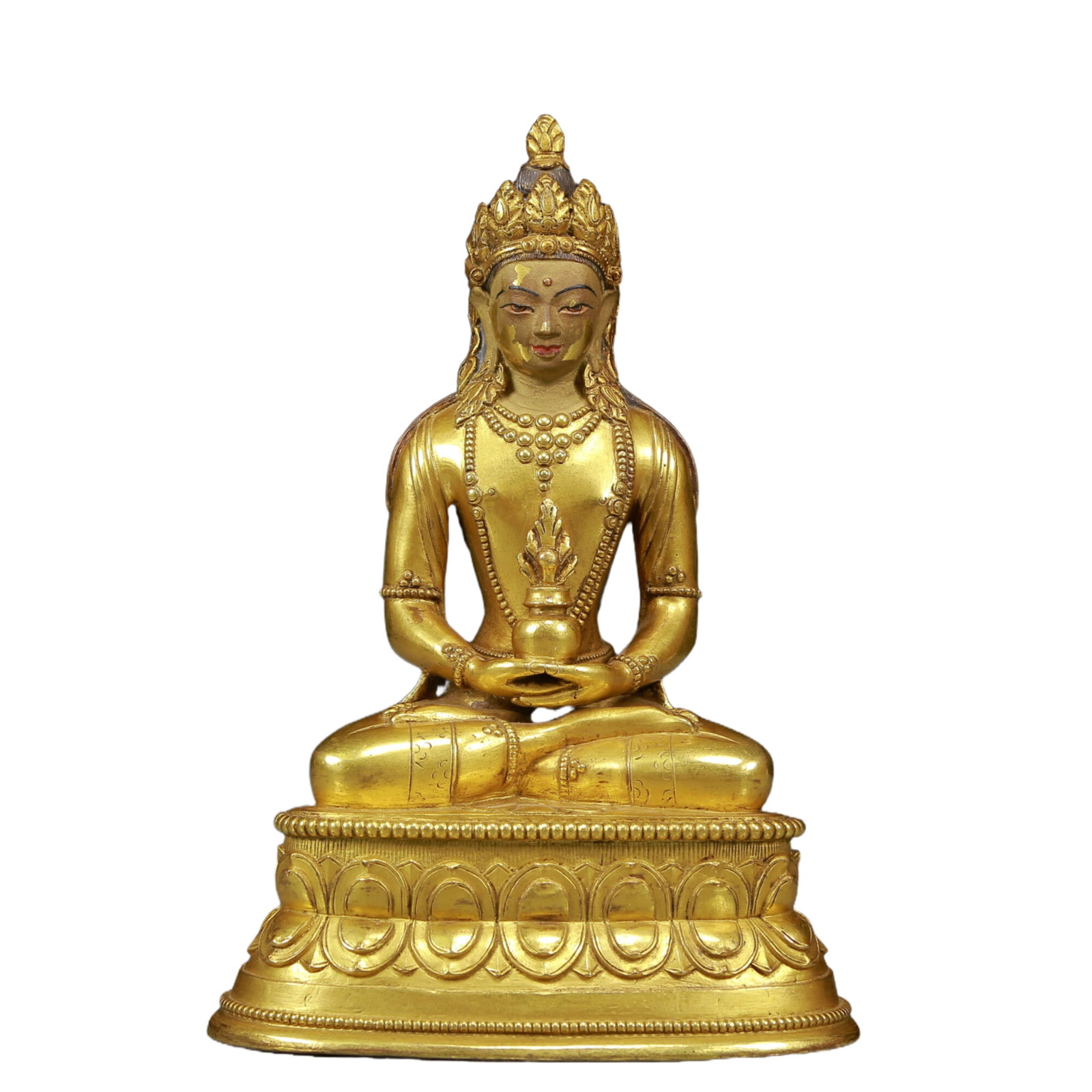 A Solemn Gilt Bronze Statue of Amitayus: A Solemn Gilt Bronze Statue of Amitayus,Ming Dynasty, China,Size:5.5inx3.9inx8.3in,Weight:1935g 铜鎏金无量寿佛像，明代
