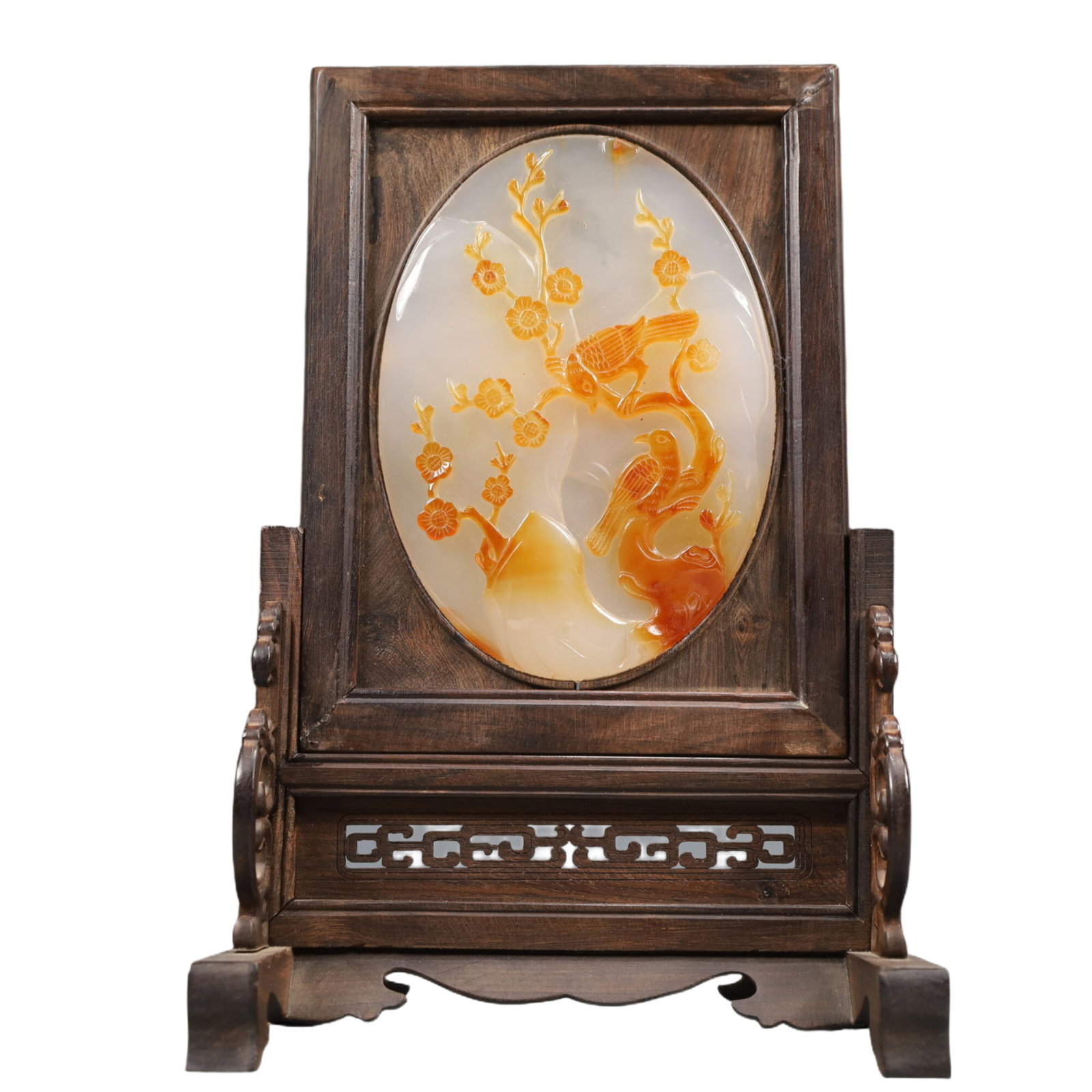 An Exquisite Agate Flower and Bird Pattern Screen,With Poem: An Exquisite Agate Flower and Bird Pattern Screen,With Poem,Qing Dynasty, China,Size:5.9inx3.5inx9.1in Weight:650g 玛瑙花鸟纹屏风,带诗文,