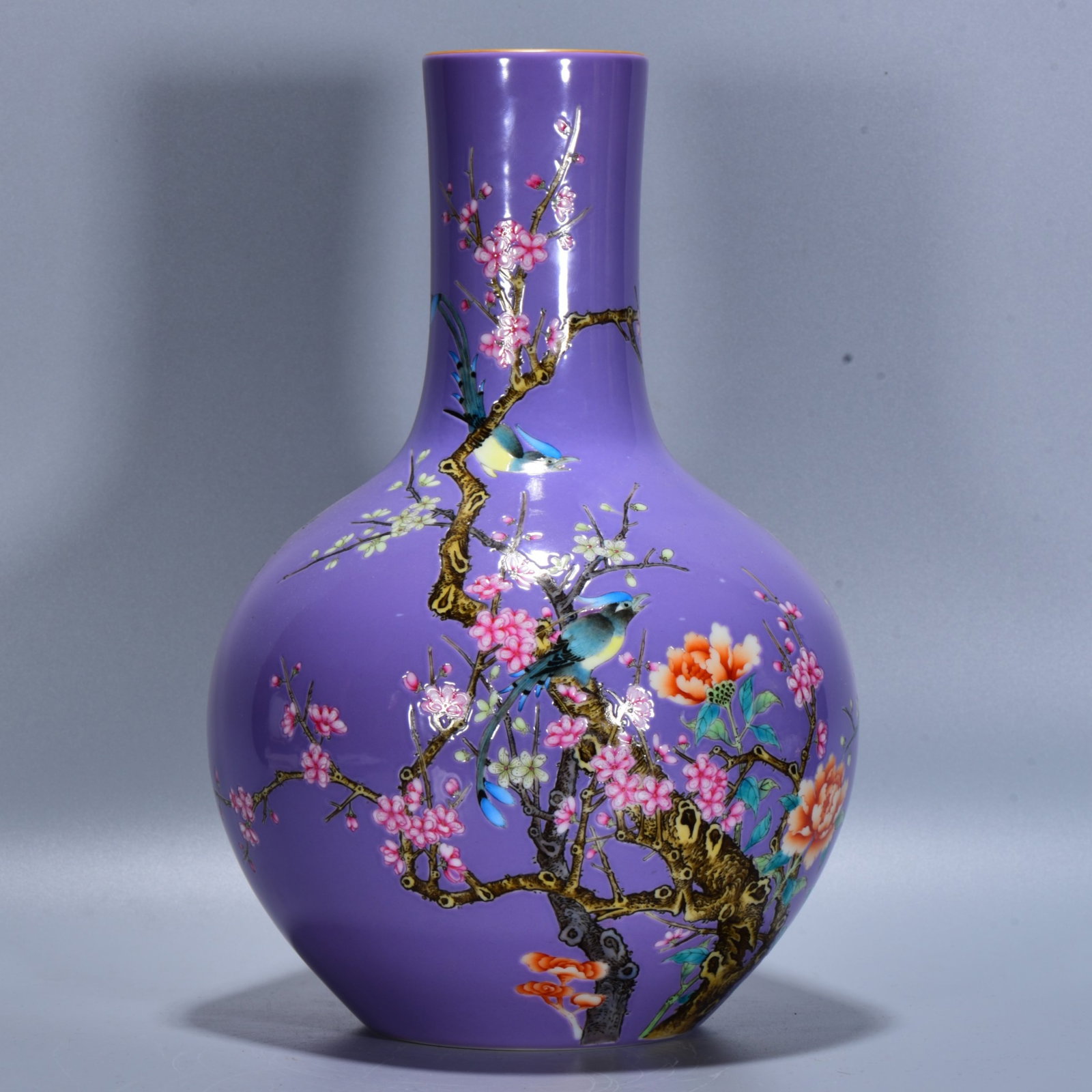 A Rare Purple Glazed Famille-Rose Painted Gold Flower and Bird Pattern Vase,With Poem: A Rare Purple Glazed Famille-Rose Painted Gold Flower and Bird Pattern Vase,With Poem,Qing Dynasty, China,Yongzheng Six-character Mark,Size:13.4inx8.7in 紫釉粉彩描金