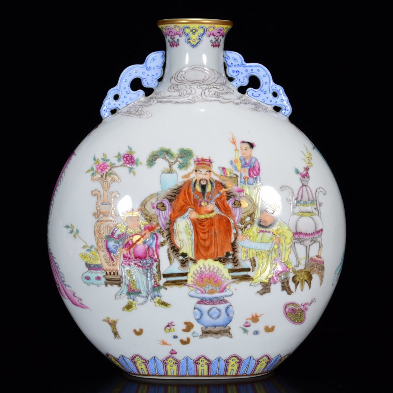 A Rare Famille-Rose Painted Gold Figure Pattern Double-Ears Vase,With Poem: A Rare Famille-Rose Painted Gold Figure Pattern Double-Ears Vase,With Poem,Qing Dynasty, China,Qianlong Six-character Mark,Size:11.8inx9.4in 粉彩描金人物纹