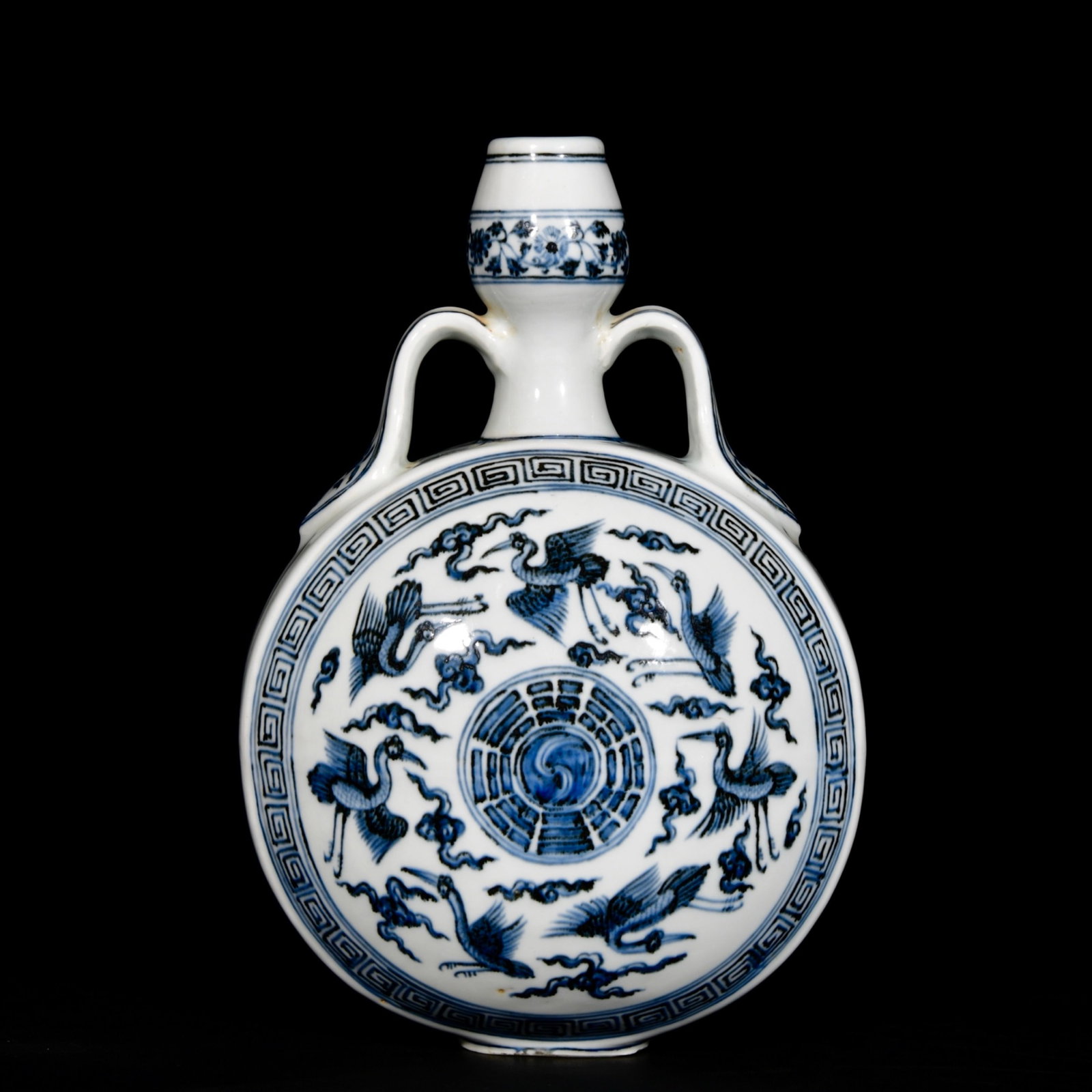 A Rare Blue and White Trigram,Auspicious Cloud and Crane Pattern Double-Ears Vase: A Rare Blue and White Trigram,Auspicious Cloud and Crane Pattern Double-Ears Vase,Ming Dynasty, China,Size:13inx8.7in 青花八卦祥云鹤纹双耳&#