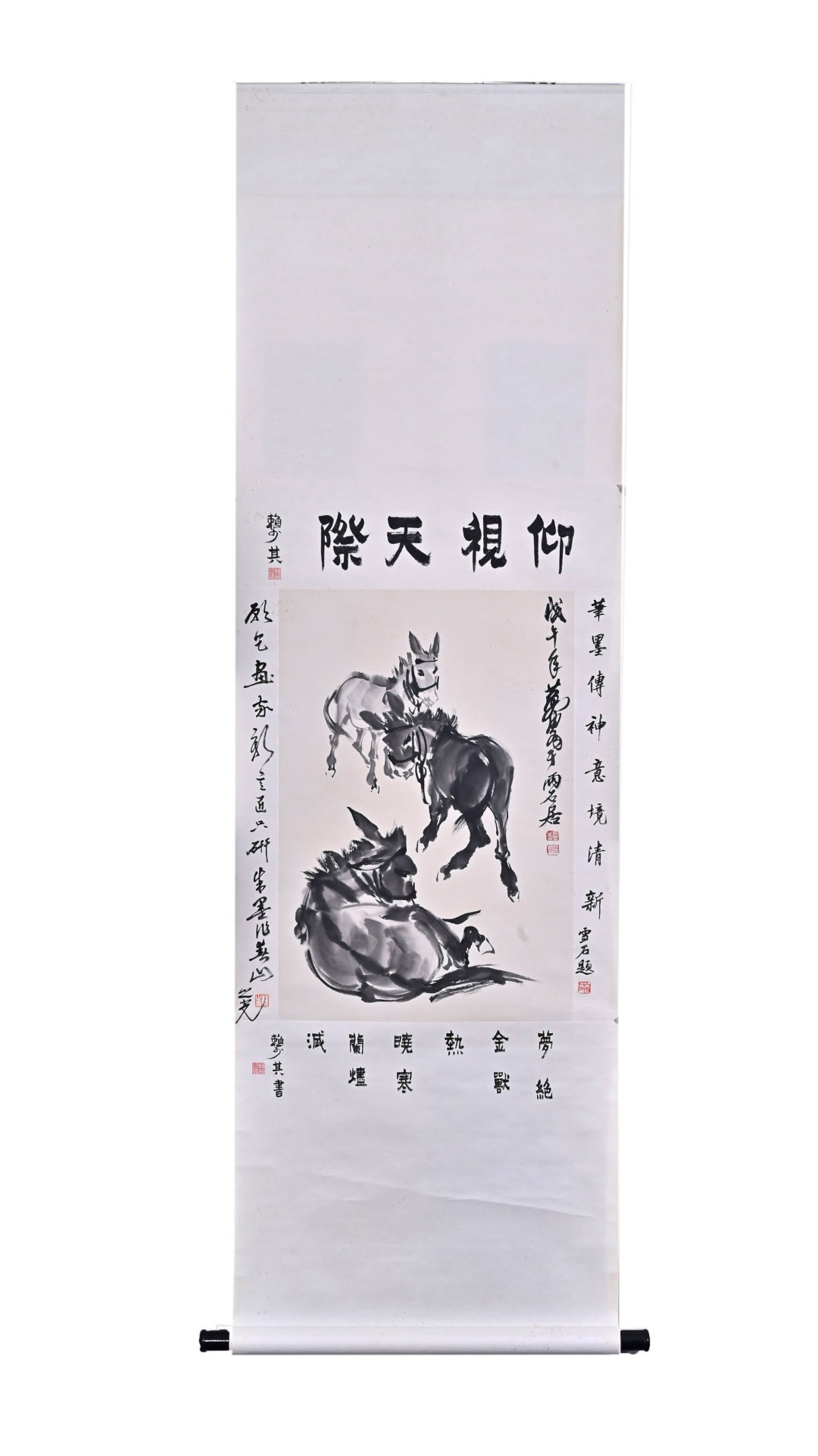 A Chinese Vertical Scroll Ink Painting of Donkey on Paper,Huang Zhou: A Chinese Vertical Scroll Ink Painting of Donkey on Paper,Huang Zhou,Size:(Without frame)27.2inx17.7in 一幅中国水墨毛驴图立轴,黄