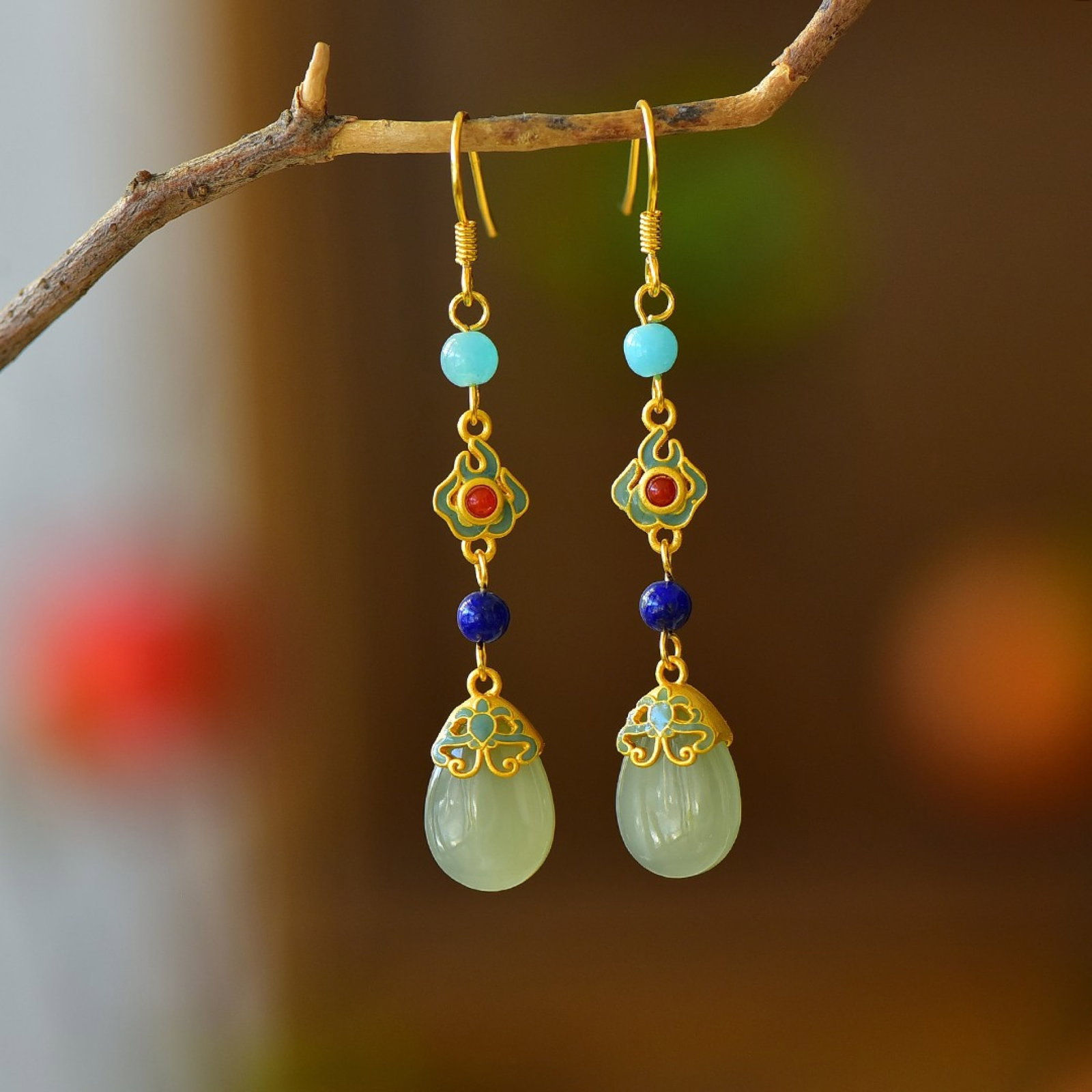 A Pair of Exquisite Sterling Silver-Gold Plated Inlaid Greenish Jade Earrings: A Pair of Exquisite Sterling Silver-Gold Plated Inlaid Greenish Jade Earrings 一对纯银镀金镶青白玉耳环