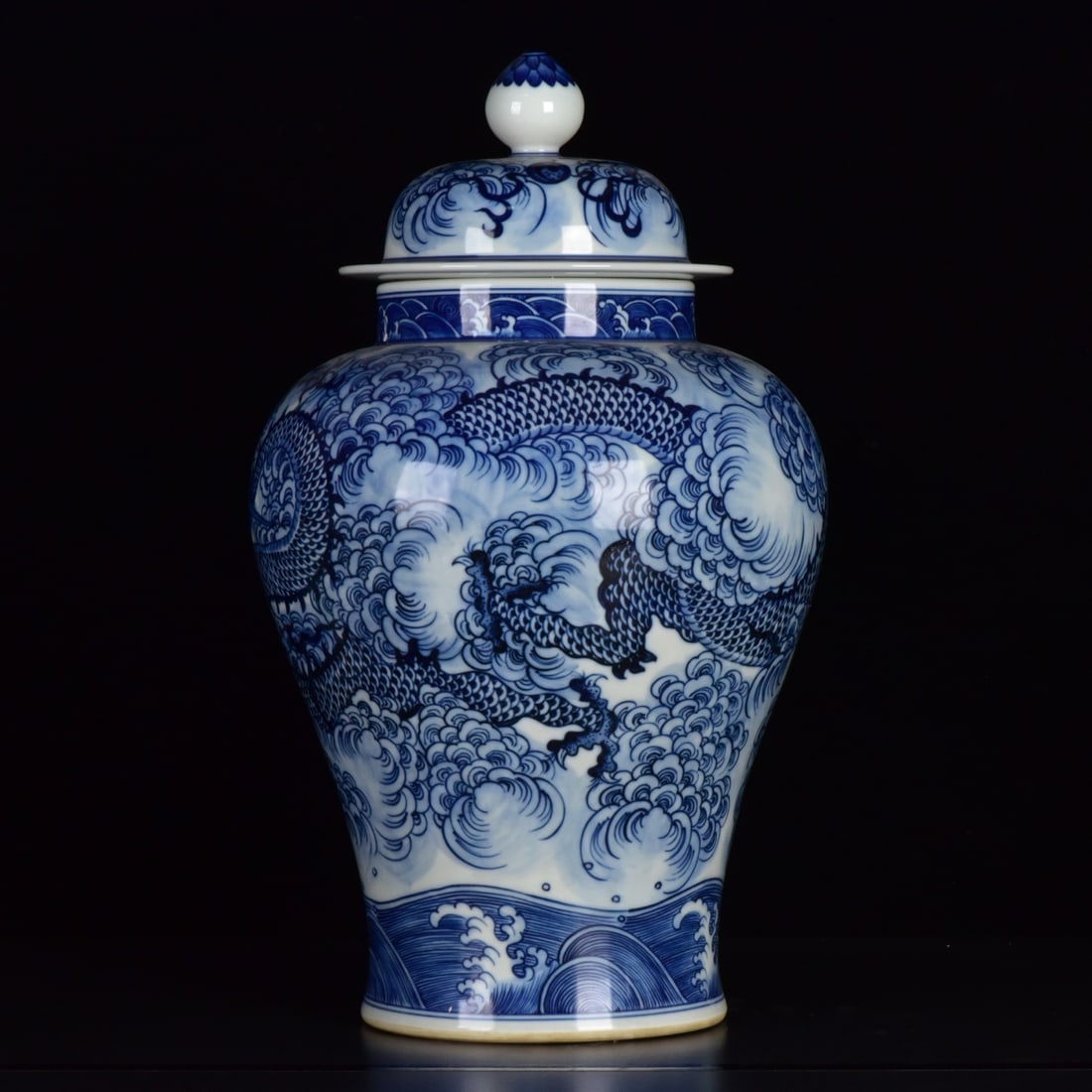 A Rare Blue and White Auspicious Cloud and Dragon Pattern Jar with Cover: A Rare Blue and White Auspicious Cloud and Dragon Pattern Jar with Cover,Ming Dynasty,China,Yongzheng Six-Character Mark,Size:15inx8.7in 青花祥云龙纹盖罐