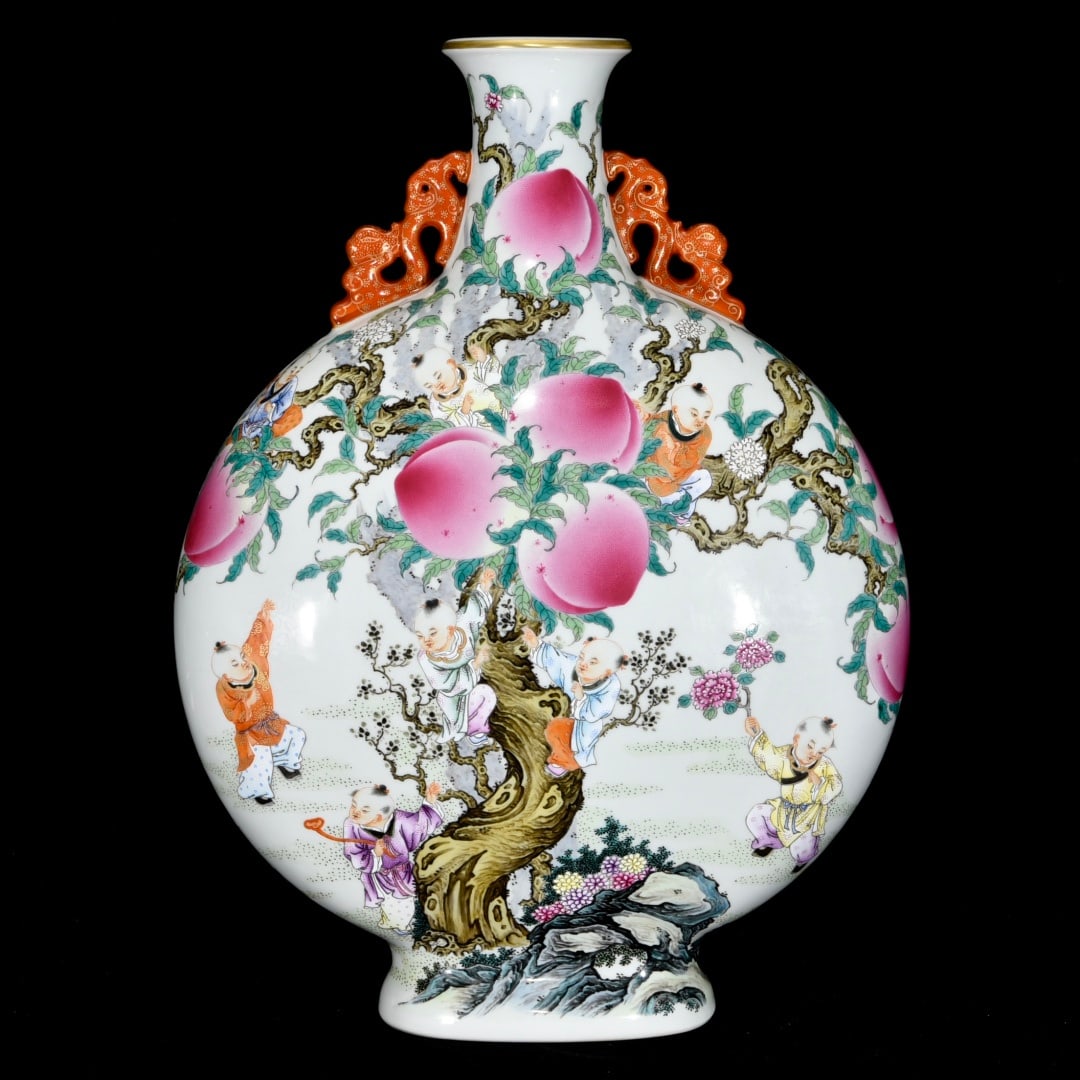 A Huge Famille-Rose Figure and Story Pattern Double-Ears Vase,with Poem: A Huge Famille-Rose Figure and Story Pattern Double-Ears Vase,with Poem,Qing Dynasty,China,Qianlong Six-Character Mark,Size:22.8inx16.9inx6.7in 粉彩人物故事纹