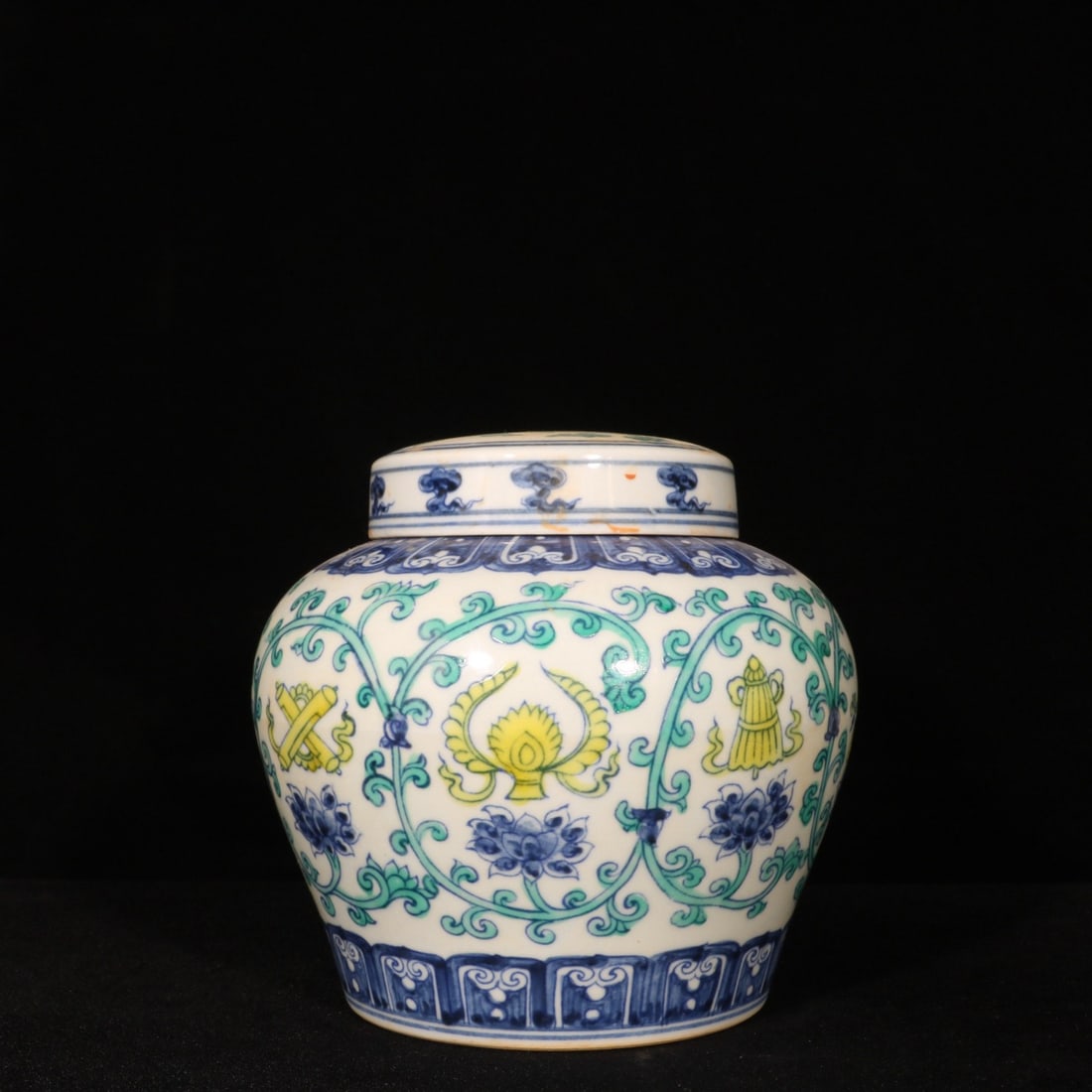 An Exquisite Doucai Eight Treasures Pattern Jar with Cover: An Exquisite Doucai Eight Treasures Pattern Jar with Cover,Ming Dynasty,China,Size:5.3inx5.1in 斗彩八宝纹盖罐,中国明代