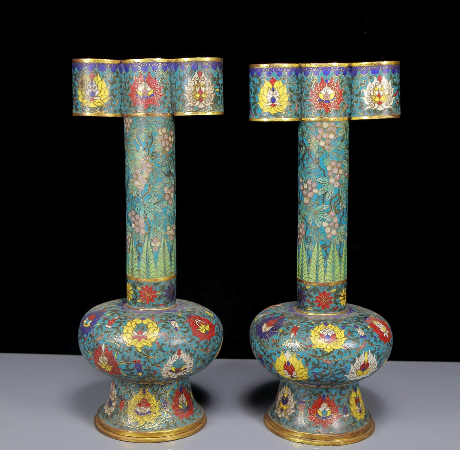 A Pair of Huge Cloisonne Lotus and Grapes Pattern Vases: A Pair of Huge Cloisonne Lotus and Grapes Pattern Vases,Ming Dynasty, China,Jingtai Four-character Mark,Size:7.1inx6.3inx17.5in,Total Weight:4940g