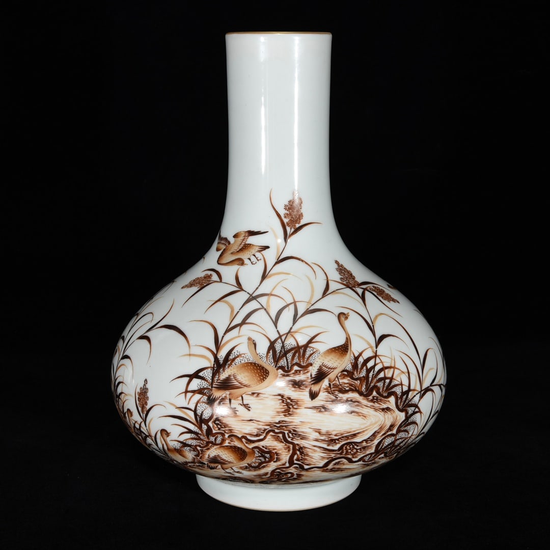 An Exquisite Ink Color Wild Goose Pattern Vase,with Poem: An Exquisite Ink Color Wild Goose Pattern Vase,with Poem,Qing Dynasty,China,Qianlong Six-Character Mark,Size:11.4inx7.9in