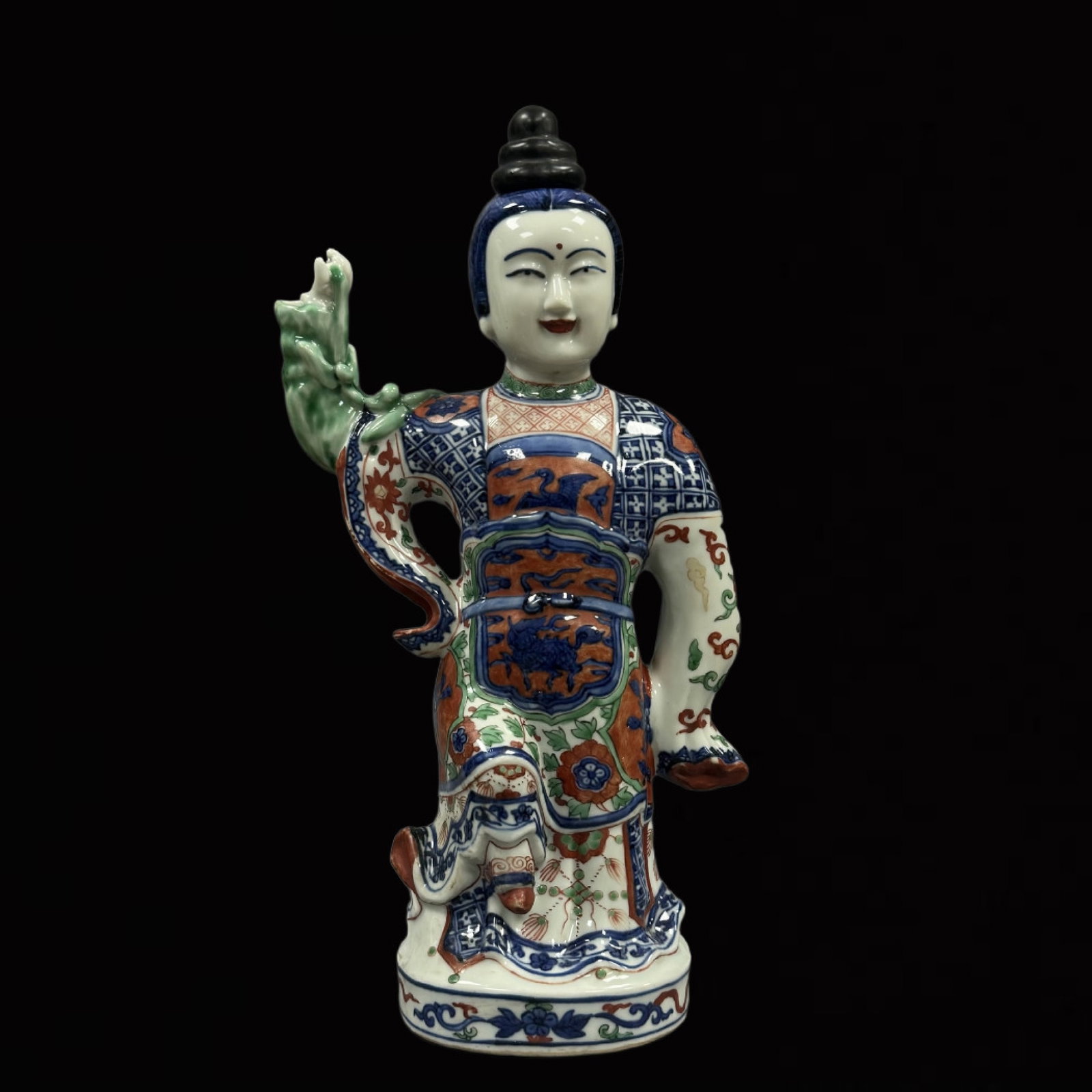 A Rare Blue and White Wucai Lotus Pattern Figure Ornament: A Rare Blue and White Wucai Lotus Pattern Figure Ornament,Ming Dynasty,China,Wanli Six-character Mark,Size:12.6inx5.9in 青花五彩缠枝莲纹人物