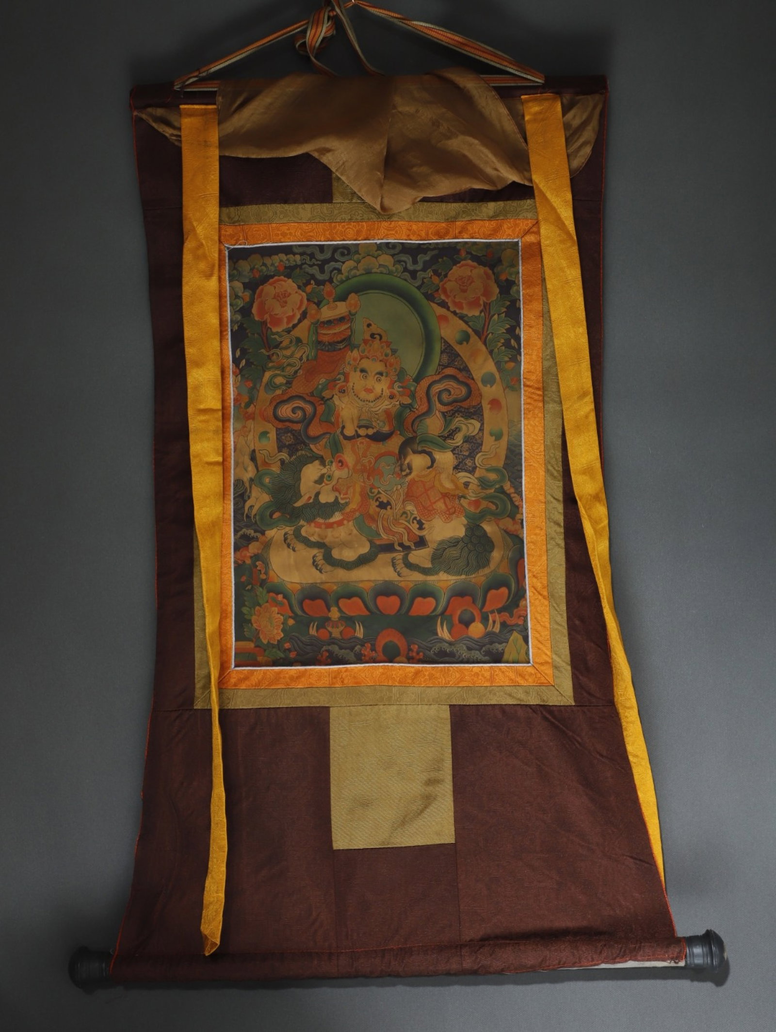 A Rare Brocade Painted Color Statue of Mammon Tangka: A Rare Brocade Painted Color Statue of Mammon Tangka,Qing Dynasty, China,Size:34.6inx18.1in,(Without frame)16.5inx11in