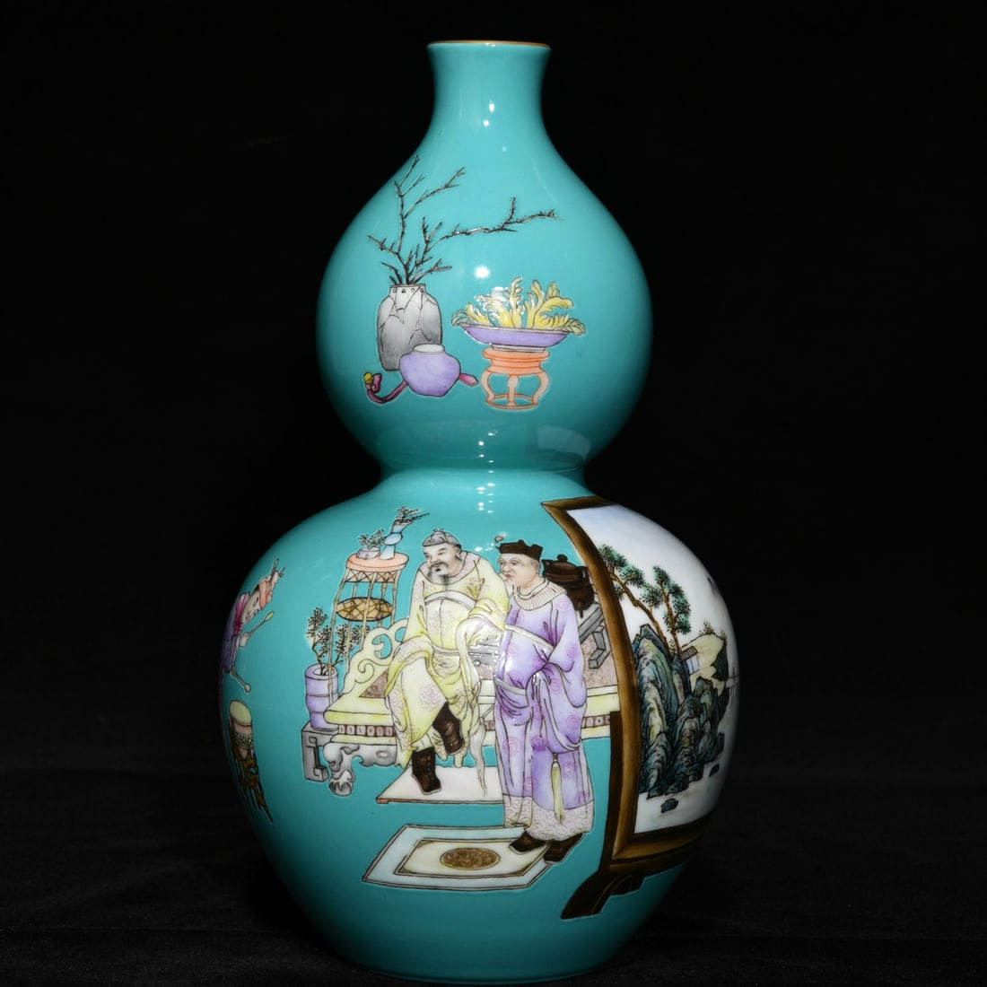 An Exquisite Turquoise Glazed Famille-Rose Character and Story Pattern Gourd-Shaped Vase,with poem: An Exquisite Turquoise Glazed Famille-Rose Character and Story Pattern Gourd-Shaped Vase,with poem,Qing Dynasty,China,Yongzheng Six-character Mark,Size:8.9inx4.9in 松石绿釉