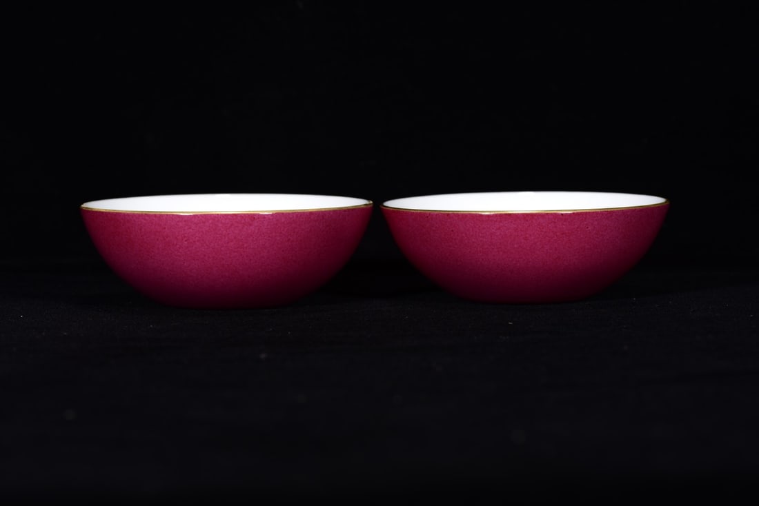 A Pair of Exquisite Ruby Red Glazed Blue and White Lotus Pattern Bowls: A Pair of Exquisite Ruby Red Glazed Blue and White Lotus Pattern Bowls,Qing Dynasty,China,Yongzheng Four-Character Mark,Size:1.2inx3.5in 一对胭脂红釉青花