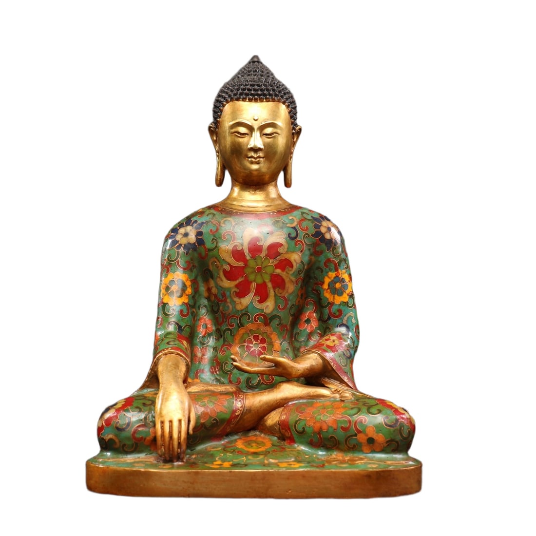 An Exquisite Gilt Bronze Cloisonne Flower Pattern Statue of Sakyamuni: An Exquisite Gilt Bronze Cloisonne Flower Pattern Statue of Sakyamuni,Ming Dynasty,China,Yongle Six-character Mark,Size:11.4inx7.9inx5.3in,Weight:2820g 铜鎏金景泰蓝