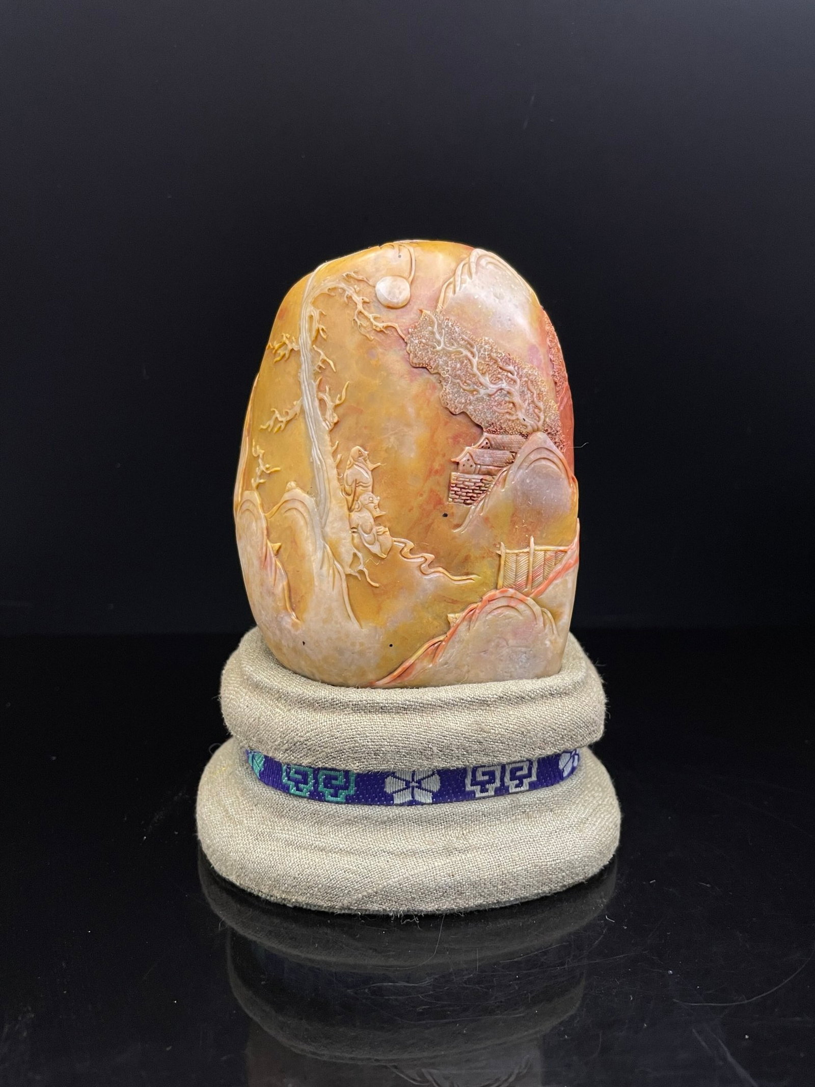 An Exquisite Shoushan Stone Landscape and Figure Pattern Ornament,With Base: An Exquisite Shoushan Stone Landscape and Figure Pattern Ornament,With Base,Qing Dynasty,China,Size:2.9inx2inx3.8in,Weight:530g