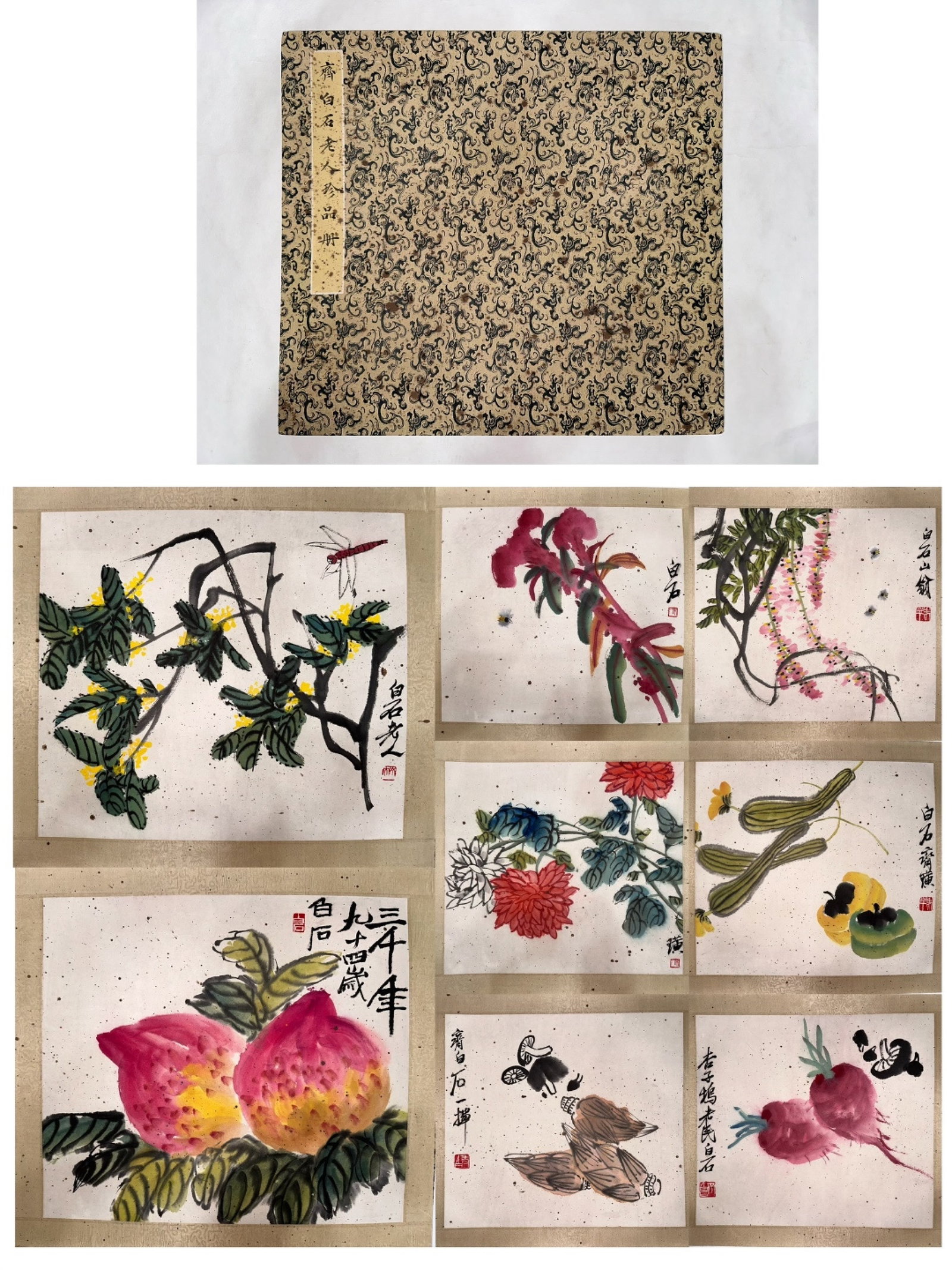 A Chinese Album Ink Painting of Flower and Fruit on Paper: A Chinese Album Ink Painting of Flower and Fruit on Paper,Qi Baishi,Size:16.1inx17.7in 一本中国水墨花果画册,齐白石