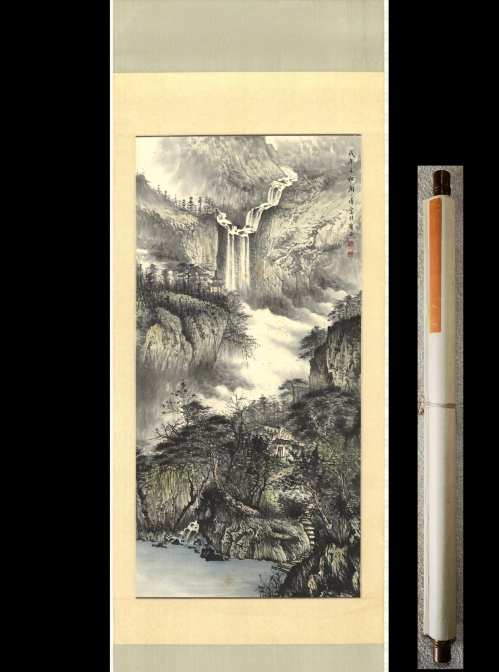 A Chinese Vertical Scroll Ink Painting of Landscape on Paper: A Chinese Vertical Scroll Ink Painting of Landscape on Paper,Tao Yiqing,Size:(Entirety)90.6inx32.3in,(Without Frame)53.1inx26.8in 一幅中国水墨山水ஹ