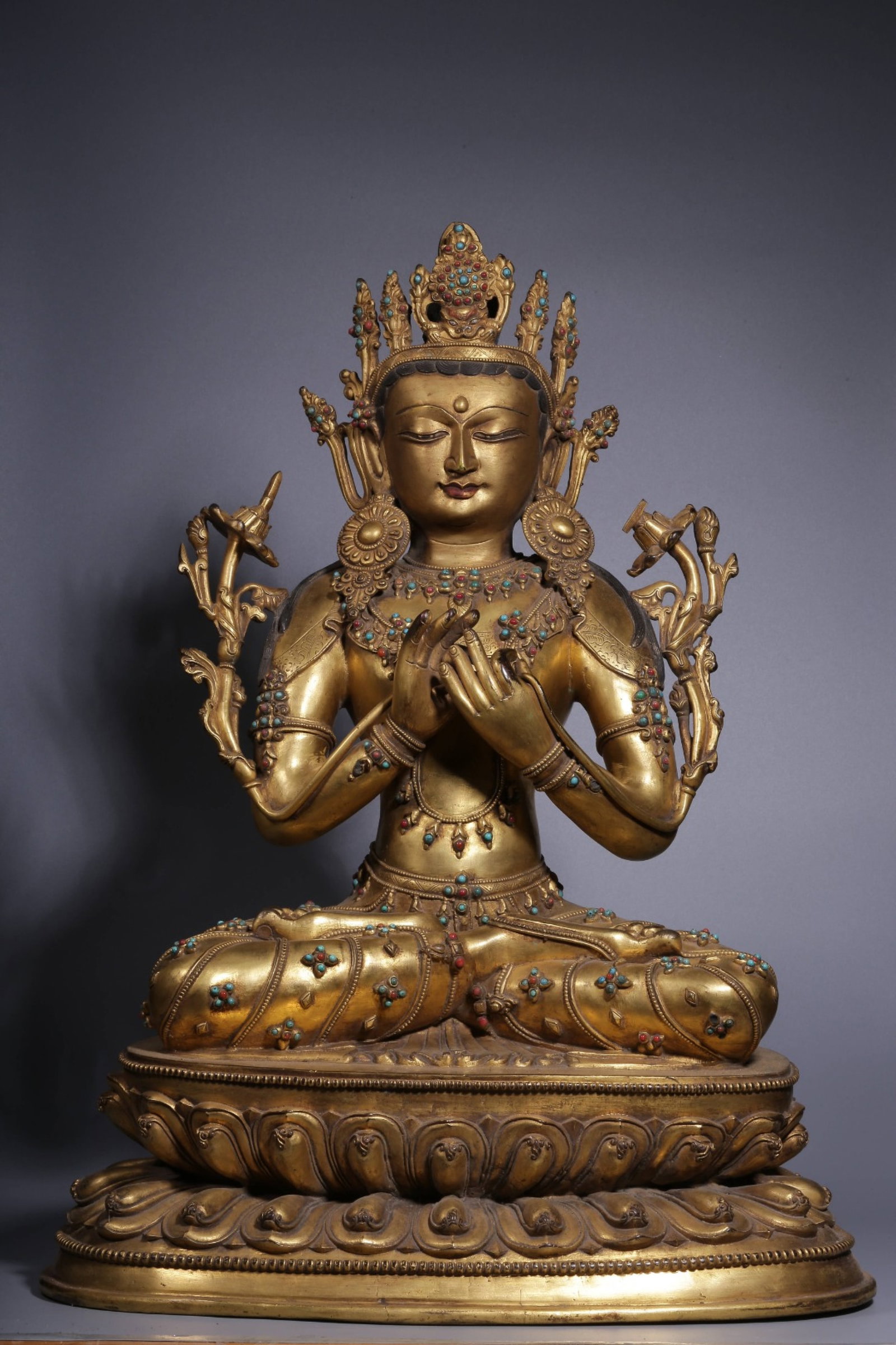 A Rare Gilt Bronze Inlaid Gems Statue of Manjusri: A Rare Gilt Bronze Inlaid Gems Statue of Manjusri,Qing Dynasty, China,Size:20.3inx15.7inx10.4in,Weight:21450g