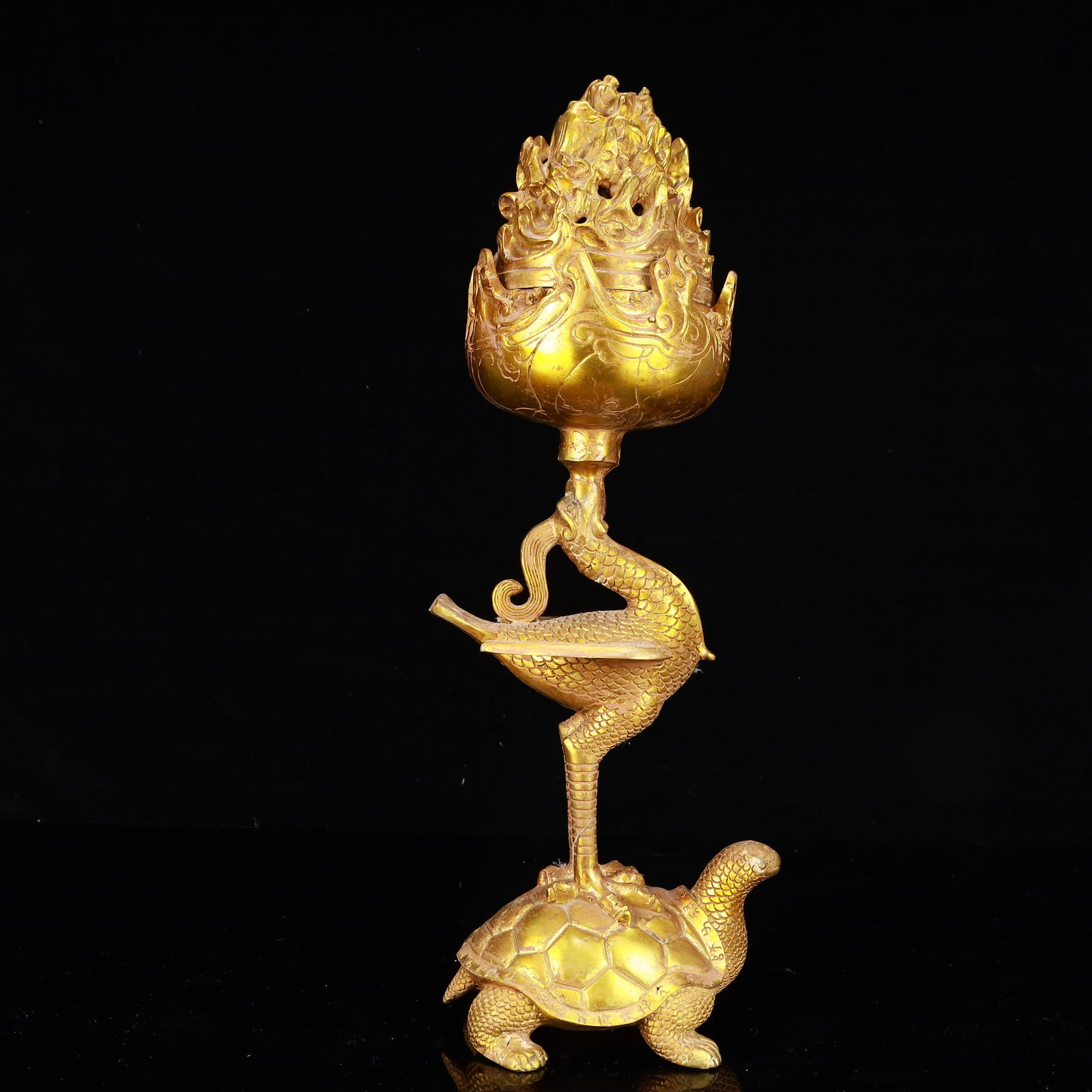 A Rare Gilt Bronze Crane and Turtle Pattern Censer: A Rare Gilt Bronze Crane and Turtle Pattern Censer,The Warring States period in China,Size:5.9inx3.9inx16.5in,Weight:2750g 铜鎏金鹤龟香炉,中国
