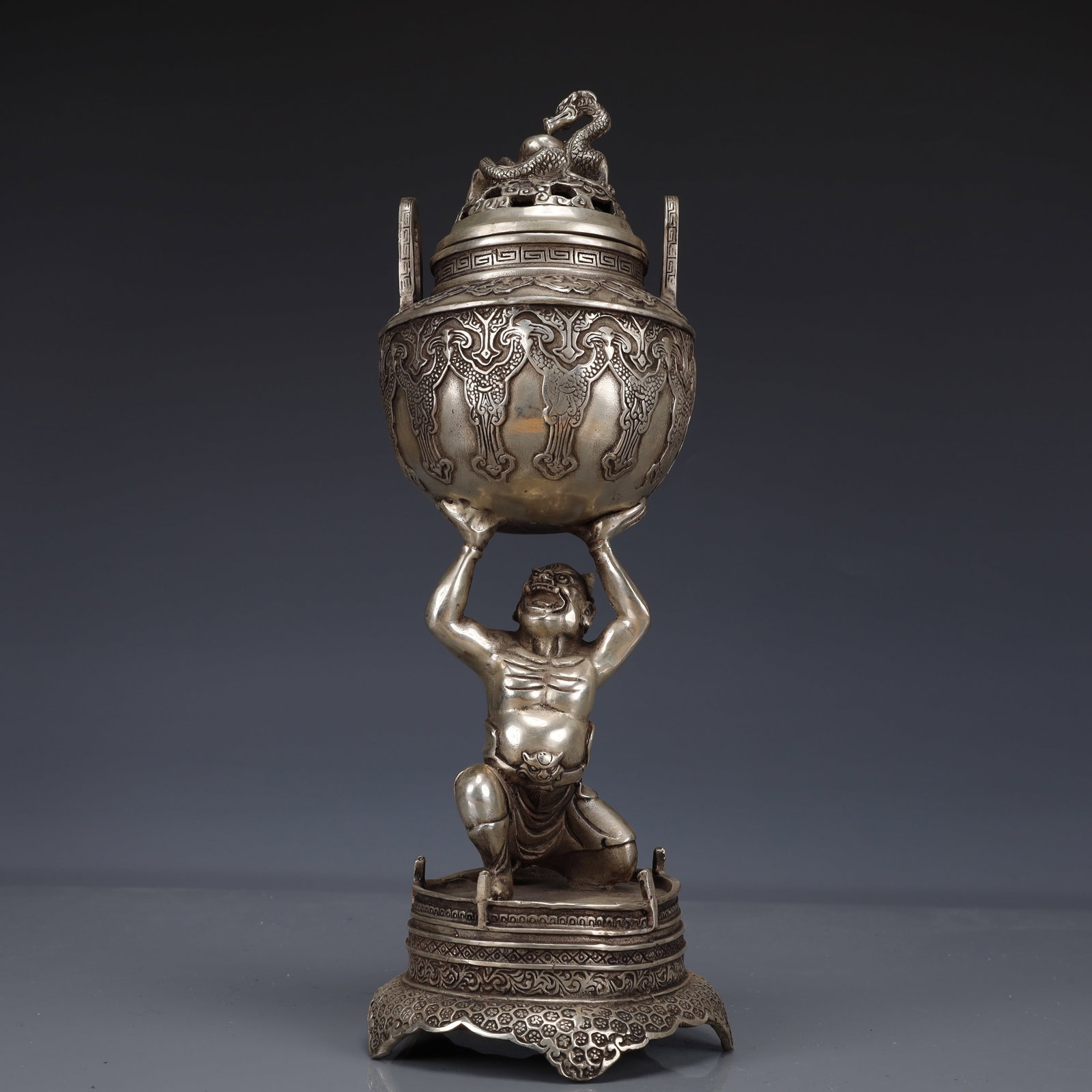 An Exquisite Silver-Plated Bronze Figure Censer: An Exquisite Silver-Plated Bronze Figure Censer,The Republic of China,Size:5.1inx5.1inx11.4in,Weight:1200g 铜镀银人物香炉,中国民国