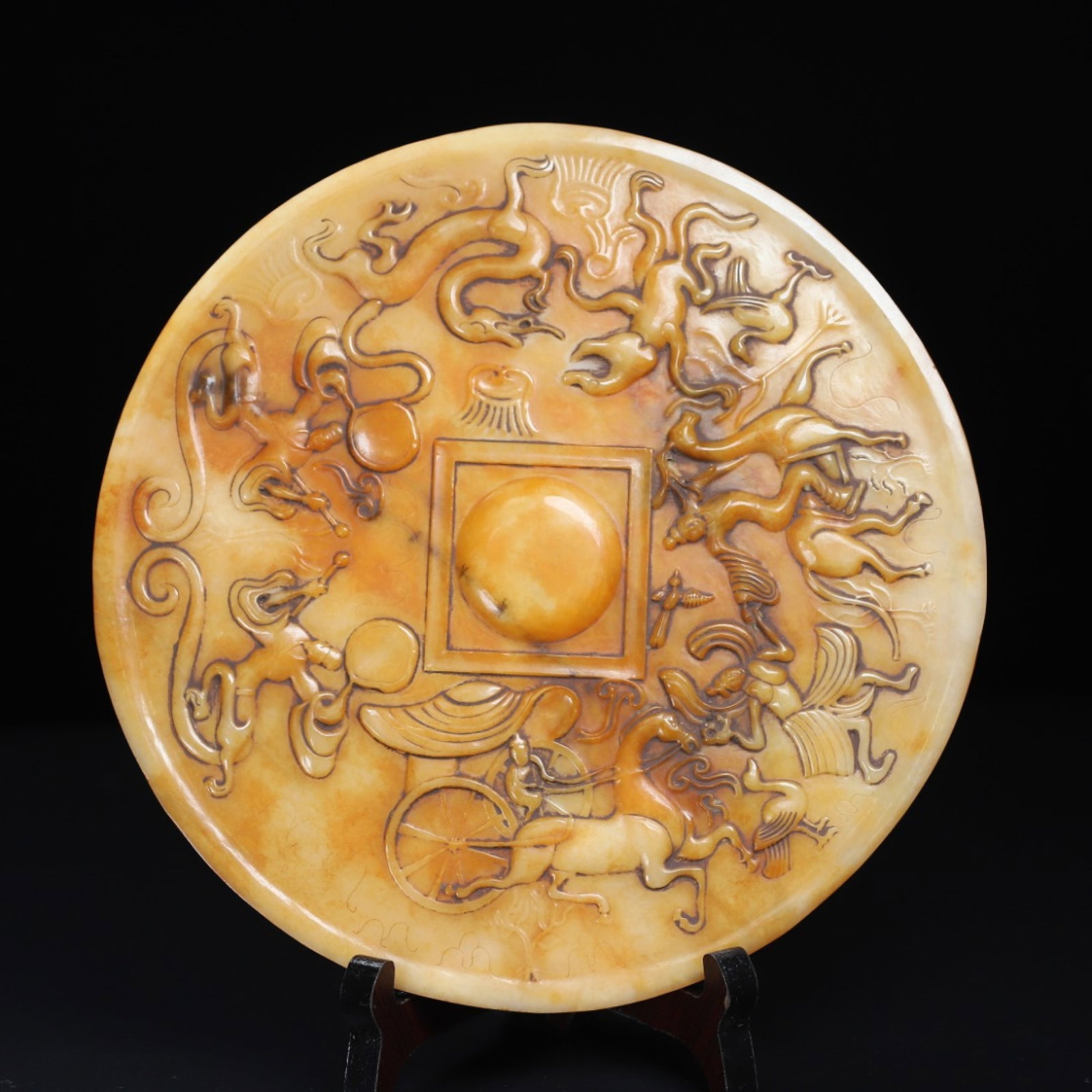 An Exquisite Archaic Jade Figure Riding Horse Pattern Mirror,with Inscription: An Exquisite Archaic Jade Figure Riding Horse Pattern Mirror,with Inscription,Ancient Time,China,Size:8.7inx0.4in,Weight:819g 高古玉人物骑马纹镜&#
