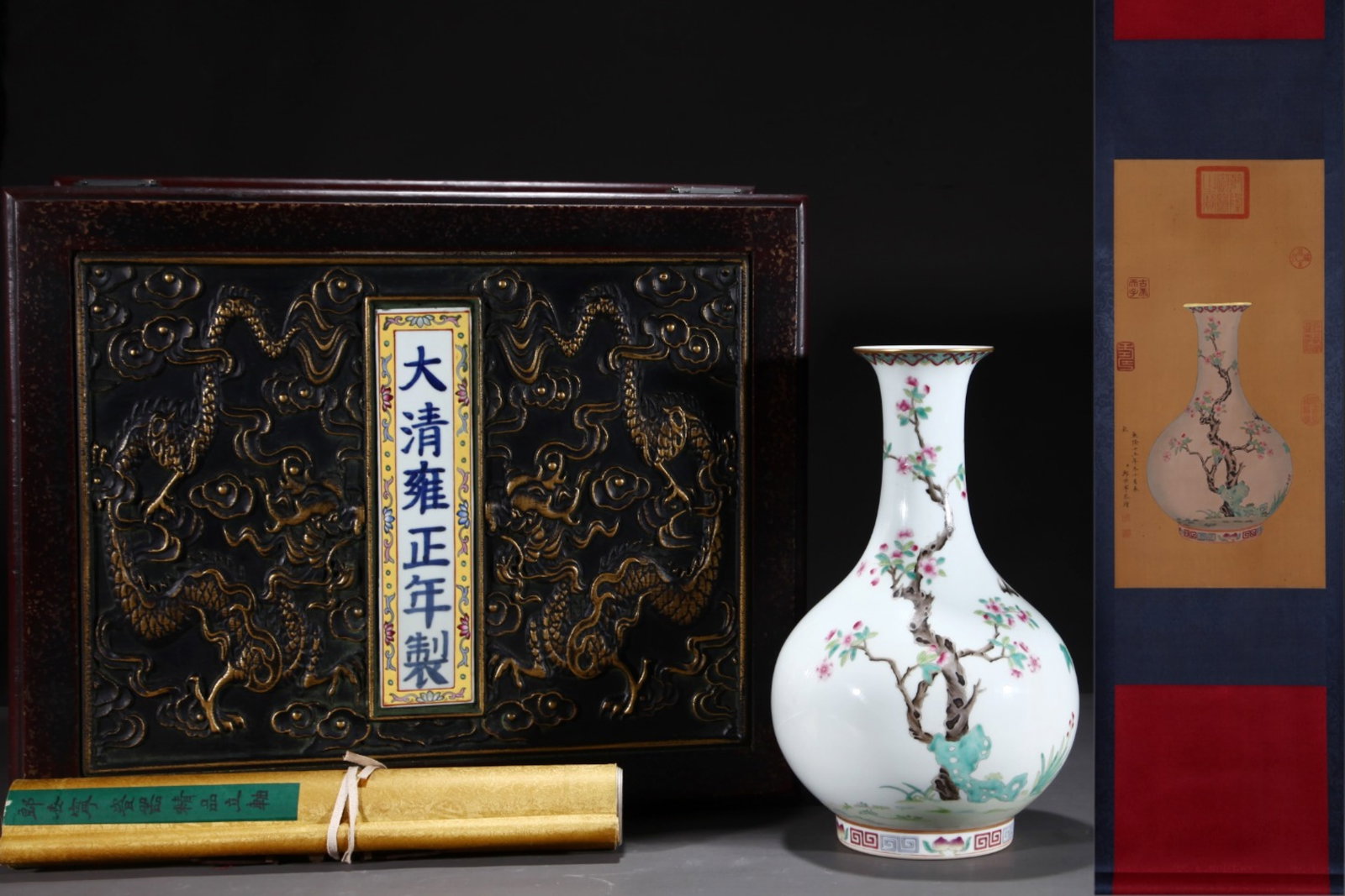 A Rare Famille-Rose Flower and Bird Pattern Vase,with Poem,with Chinese Vertical Scroll Ink Painting: A Rare Famille-Rose Flower and Bird Pattern Vase,with Poem,with Chinese Vertical Scroll Ink Painting on Silk,Qing Dynasty,China,Yongzheng Six-Character Mark,Size:(Without Frame)24.4inx12in,(Porcelain)
