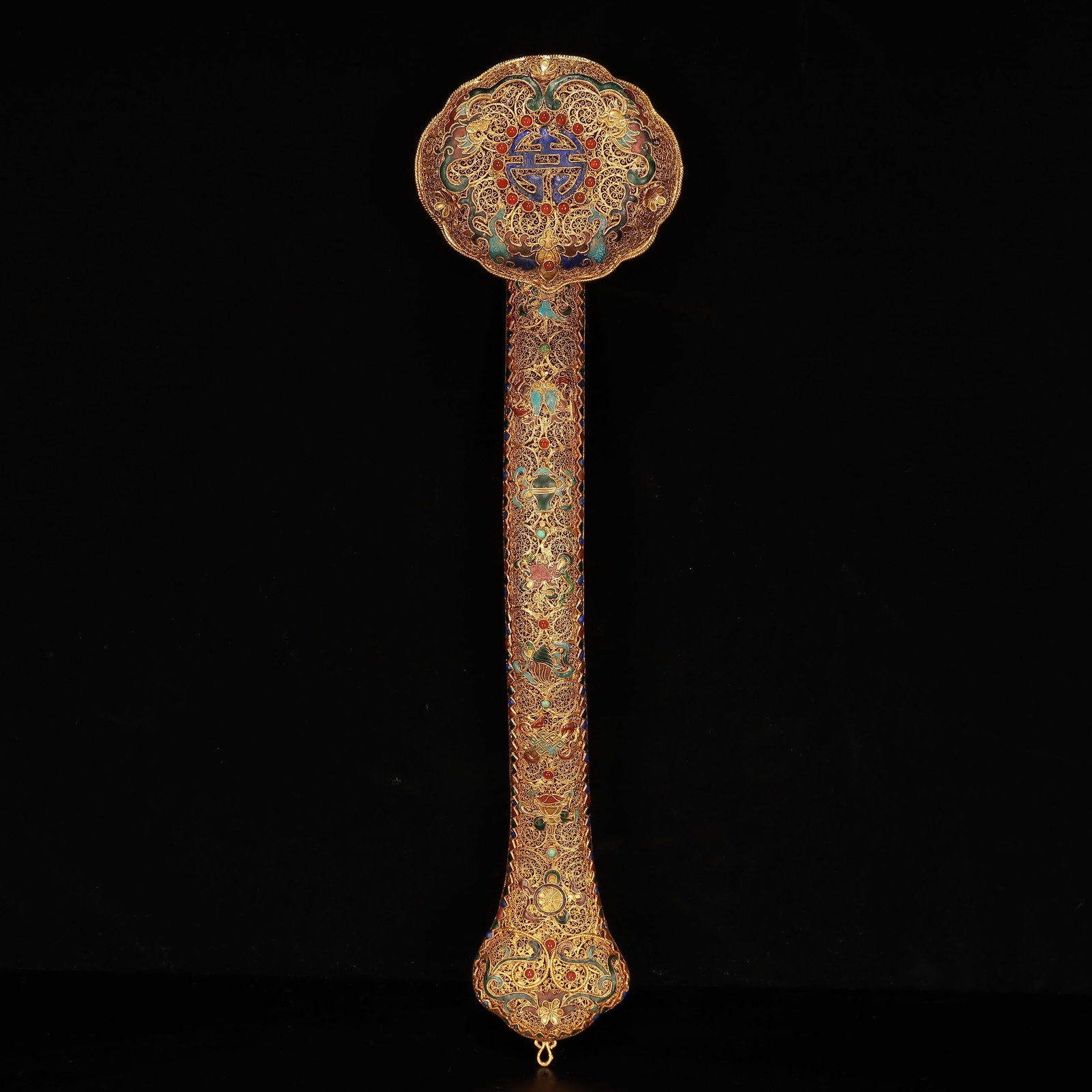 A Huge Cloisonne Gilt Eight Treasures Pattern Ruyi,Inlaid Gems: A Huge Cloisonne Gilt Eight Treasures Pattern Ruyi,Inlaid Gems,Qing Dynasty, China,Qianlong Four-character Mark,Size:16.9inx4.3inx2.6in,Weight:500g 掐丝珐琅鎏金
