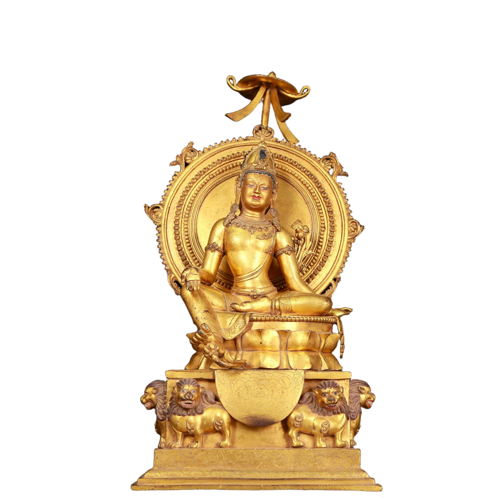 A huge gilt-bronze green Tara statue: huge gilt-bronze green Tara statue, Ming Dynasty, China. It has an elegant posture and a peaceful and compassionate expression. Her face is soft and solemn, and her eyes are warm. She seems to be watc