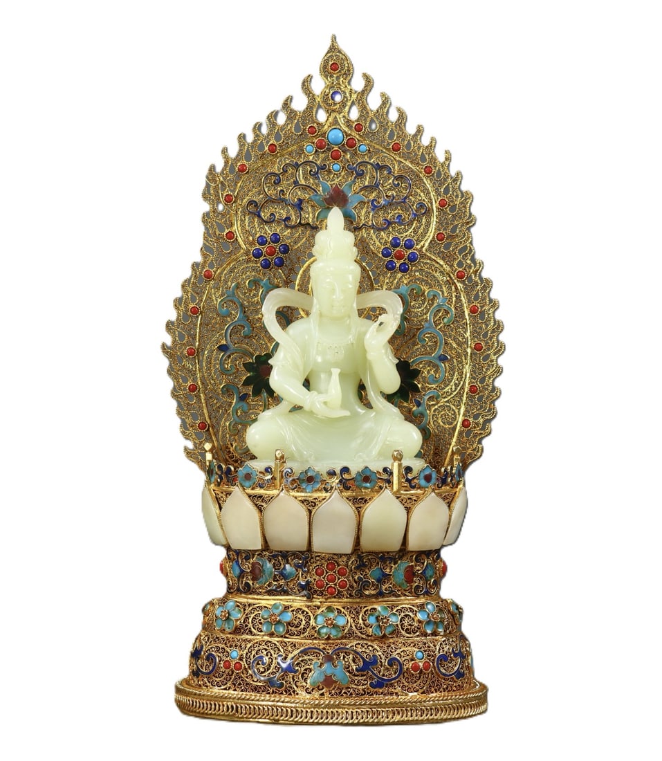 An Exquisite Filigree and Gilding Inlaid White Jade Statue of Avalokitesvara,Inlaid Gems: An Exquisite Filigree and Gilding Inlaid White Jade Statue of Avalokitesvara,Inlaid Gems,Qing Dynasty,China,Qianlong Four-character Mark,Size:13.4inx6.5inx3.9in,Weight:1243g 花丝鎏&#