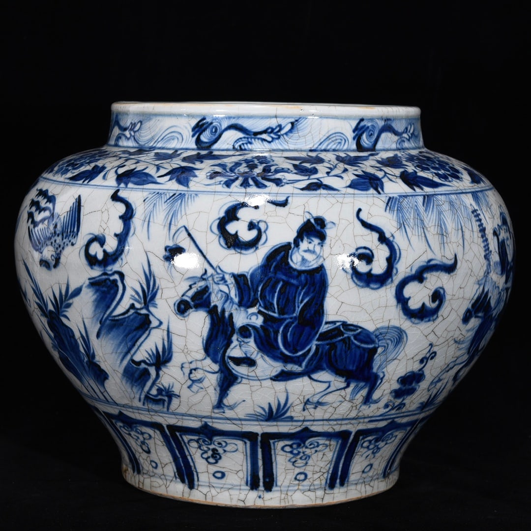 A Rare Blue and White Character and Story Pattern Pattern Jar: A Rare Blue and White Character and Story Pattern Pattern Jar,Yuan Dynasty,China,Size:10.2inx13in 青花人物故事纹罐,中国元代