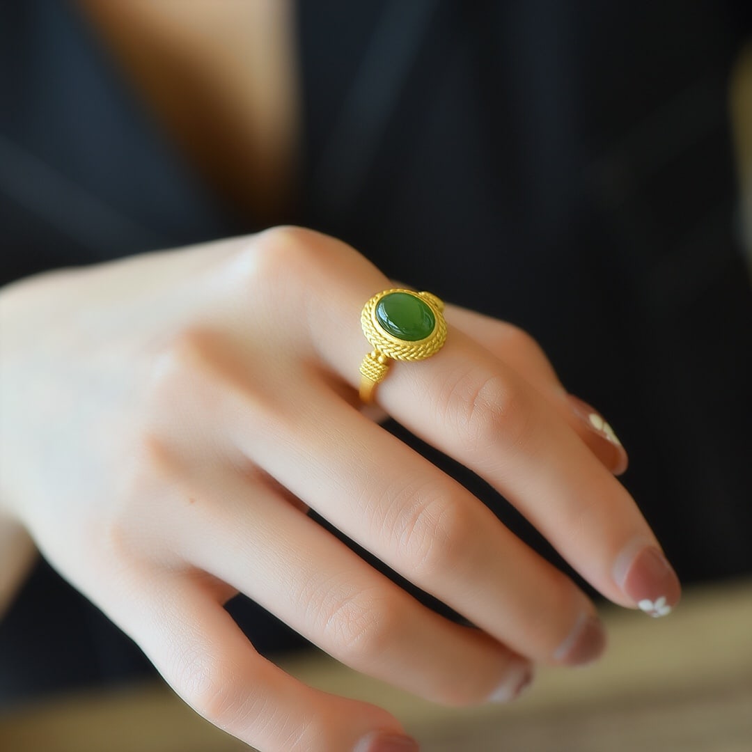 An Exquisite Sterling Silver-Gold Plated Inlaid Jasper Ring: An Exquisite Sterling Silver-Gold Plated Inlaid Jasper Ring 纯银镀金镶碧玉戒指