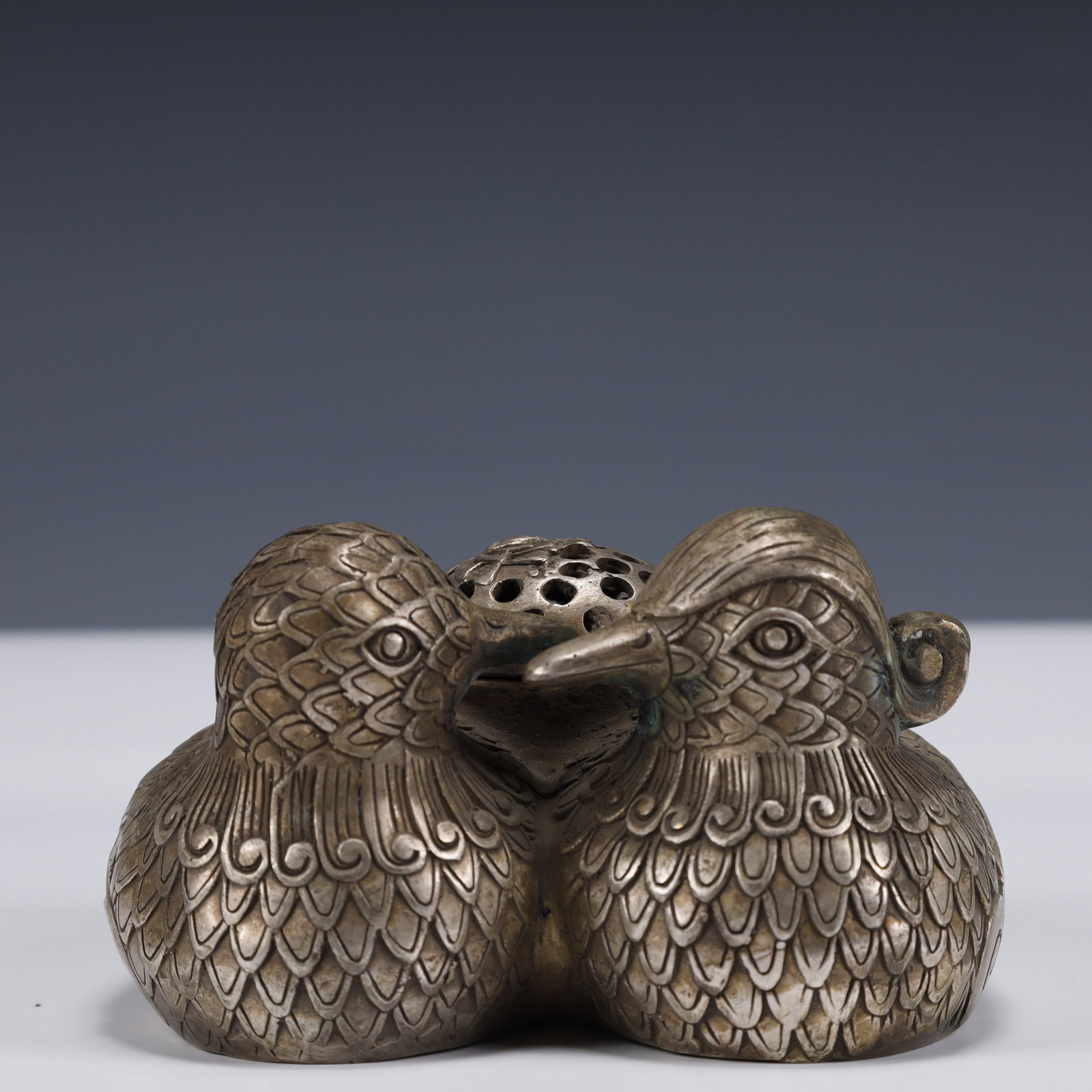 A Pair of Exquisite Silver-Plated Bronze Mandarin Duck Censers: A Pair of Exquisite Silver-Plated Bronze Mandarin Duck Censers,Qing Dynasty, China,Qianlong Four-character Mark,Size:4.7inx4.3inx2.8in,Weight:650g 铜镀银鸳鸯香Ġ
