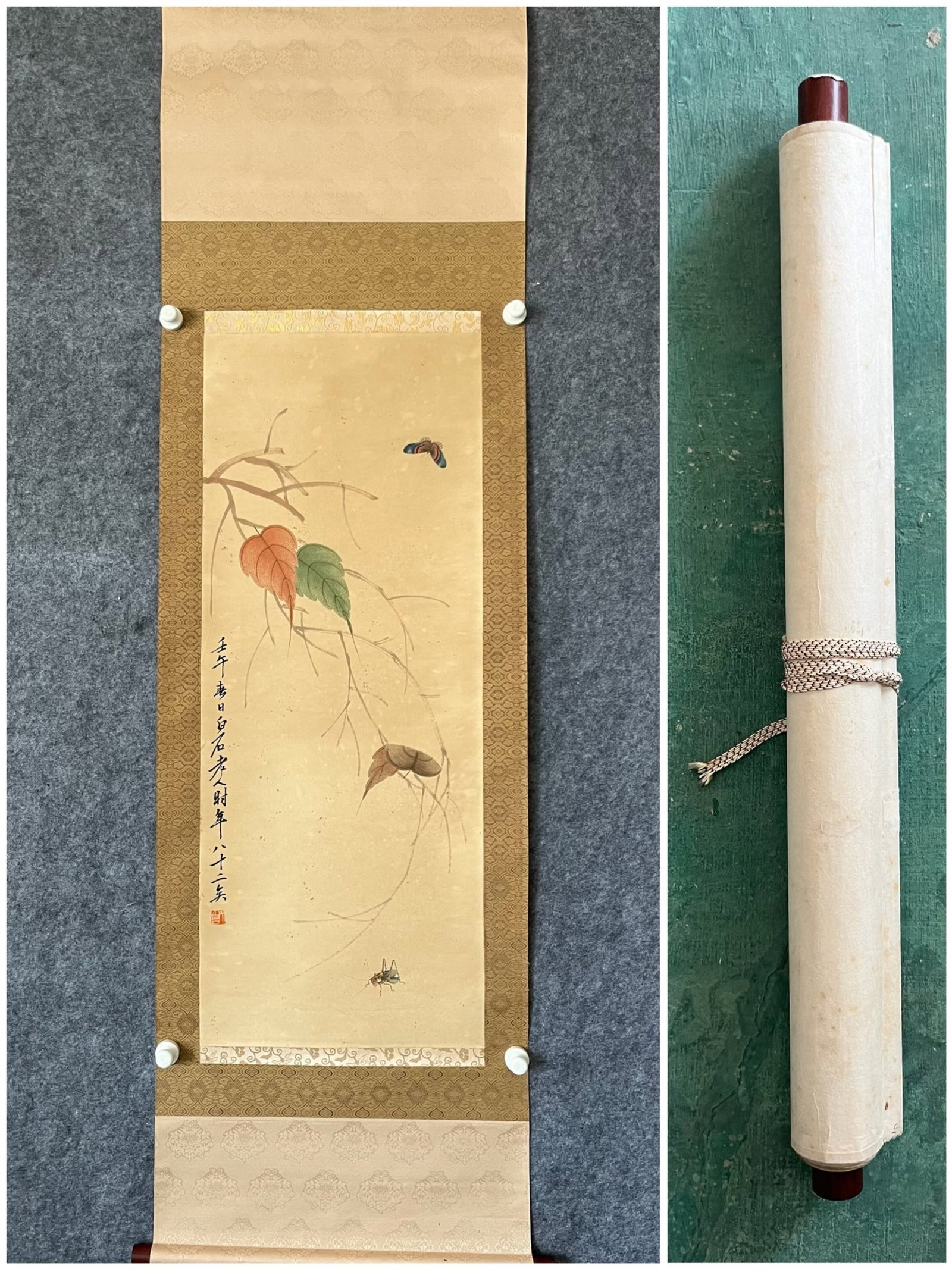 A Chinese Vertical Scroll Ink Painting of Insect on Paper: A Chinese Vertical Scroll Ink Painting of Insect on Paper,Qi Baishi,Size:15.7inx39.4in 一幅中国水墨昆虫画立轴,齐白石