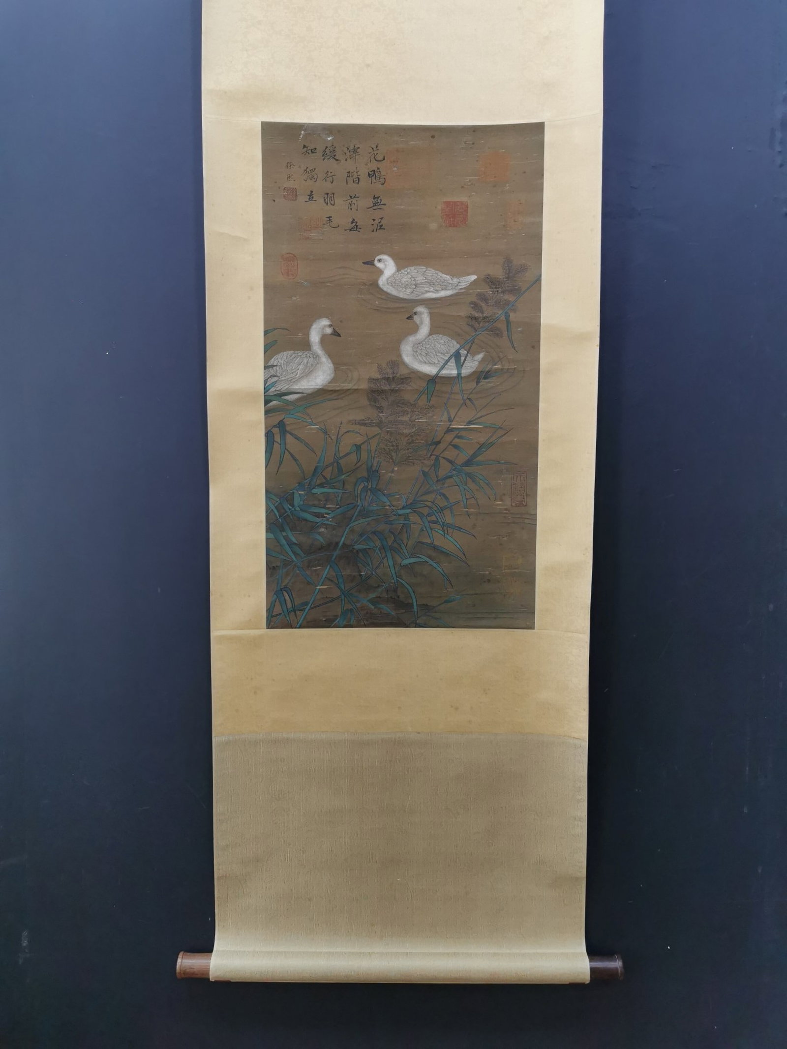 A Chinese Vertical Scroll Ink Painting of Duck on Silk: A Chinese Vertical Scroll Ink Painting of Duck on Silk,Xu Xi,Size:24.4inx13.4in 一幅中国水墨绢本鸭画立轴,徐熙