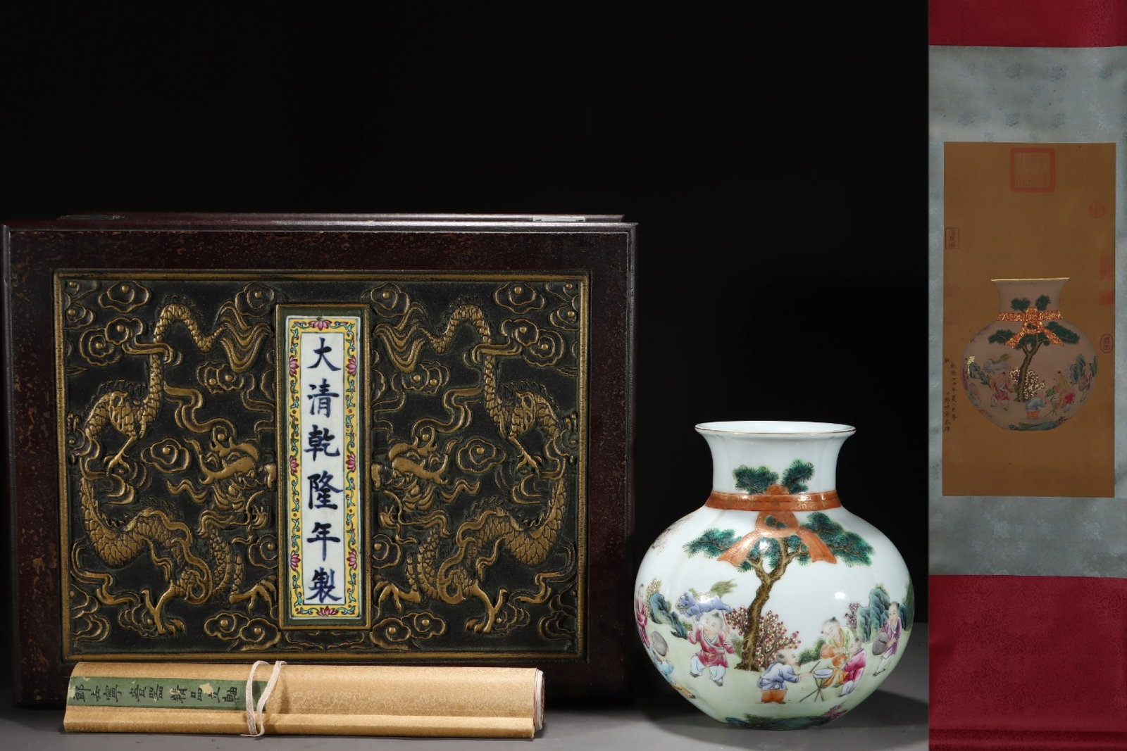 An Exquisite Famille-Rose Painted Gold Figure and Story Pattern Vase,with Chinese Vertical Scroll: An Exquisite Famille-Rose Painted Gold Figure and Story Pattern Vase,with Chinese Vertical Scroll Ink Painting on Silk,Qing Dynasty,China,Qianlong Six-Character Mark,Size:(Without Frame)24.4inx11.8in,