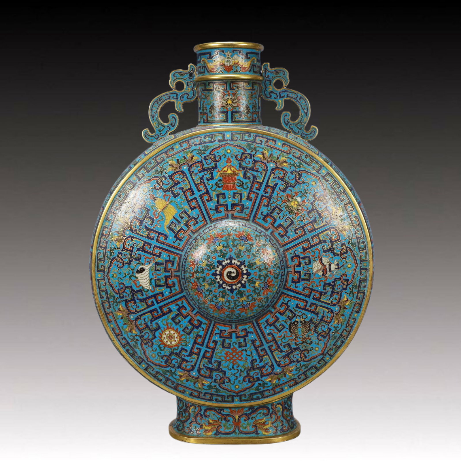A Huge Cloisonne Eight Treasures Pattern Double-Ears Vase: A Huge Cloisonne Eight Treasures Pattern Double-Ears Vase,Qing Dynasty,China,Qianlong Four-character Mark,Size:15inx3.9inx19.7in,Weight:7000g
