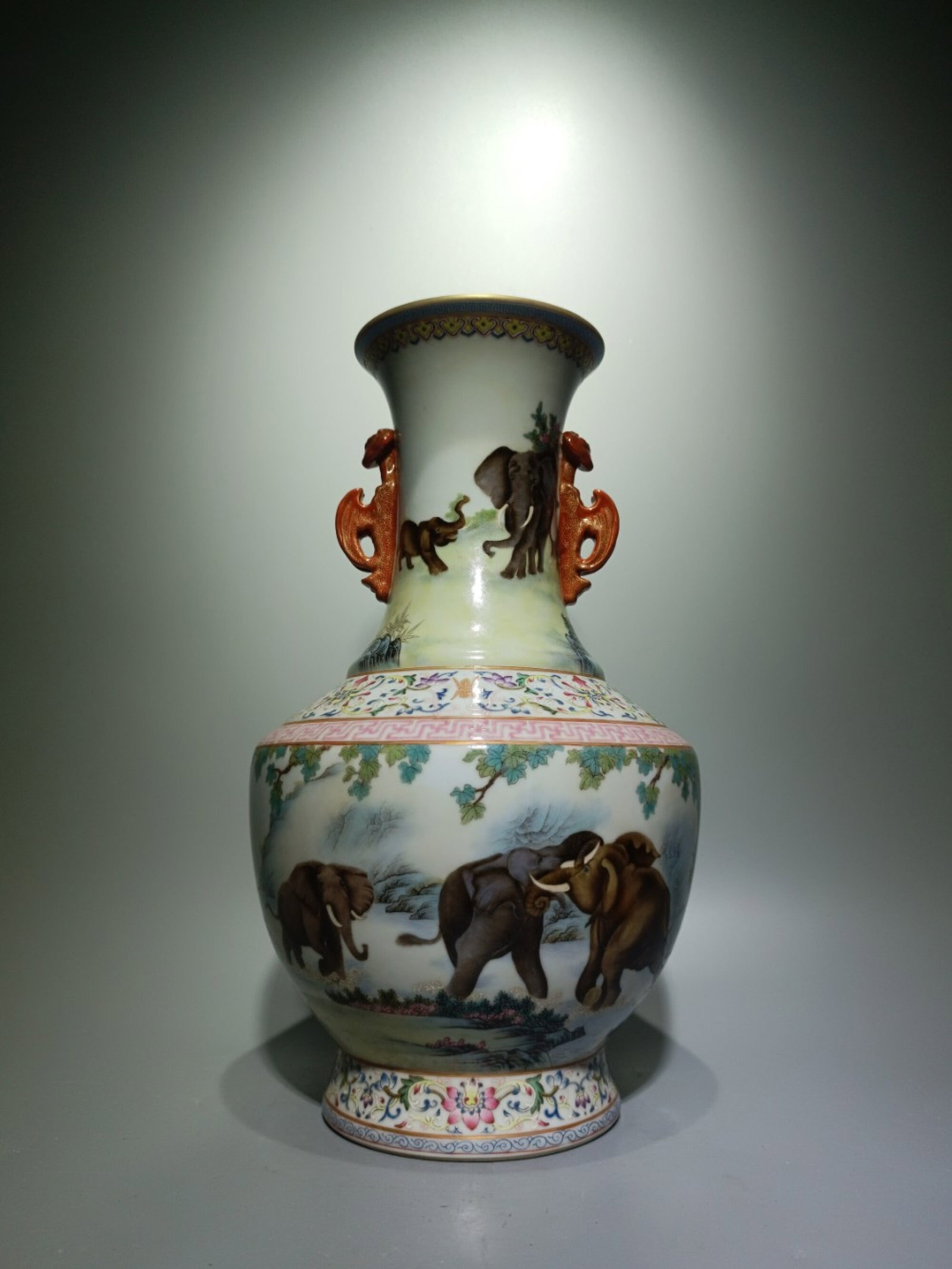 A Rare Famille-Rose Elephant Pattern Double-Ears Vase: A Rare Famille-Rose Elephant Pattern Double-Ears Vase,Qing Dynasty,China,Qianlong Six-character Mark,Size:14.4inx8.7in
