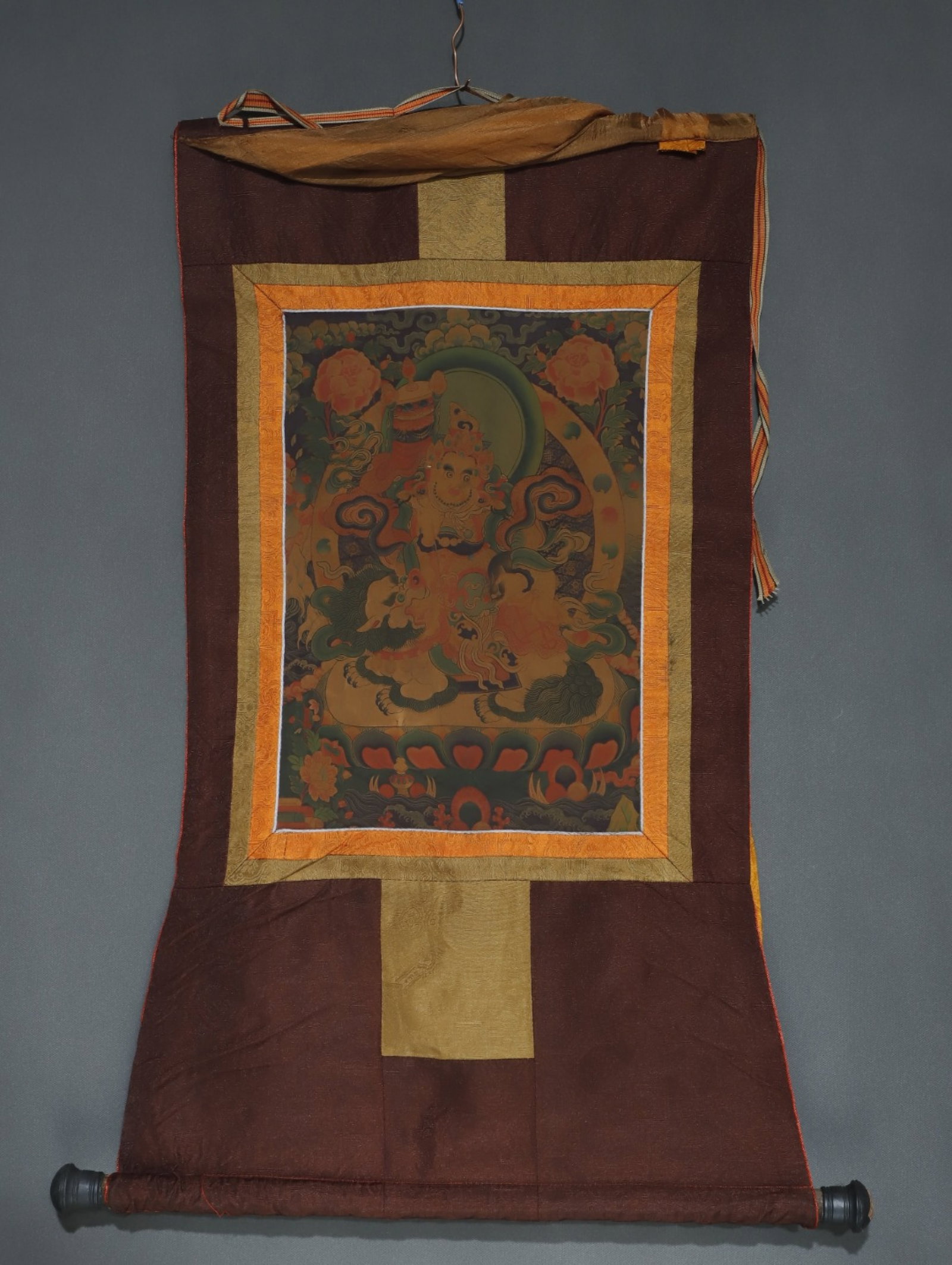 A Rare Brocade Painted Color Statue of Mammon Tangka: A Rare Brocade Painted Color Statue of Mammon Tangka,Qing Dynasty, China,Size:34.6inx18.1in,(Without frame)16.5inx11in 织锦彩绘财神像唐卡,中